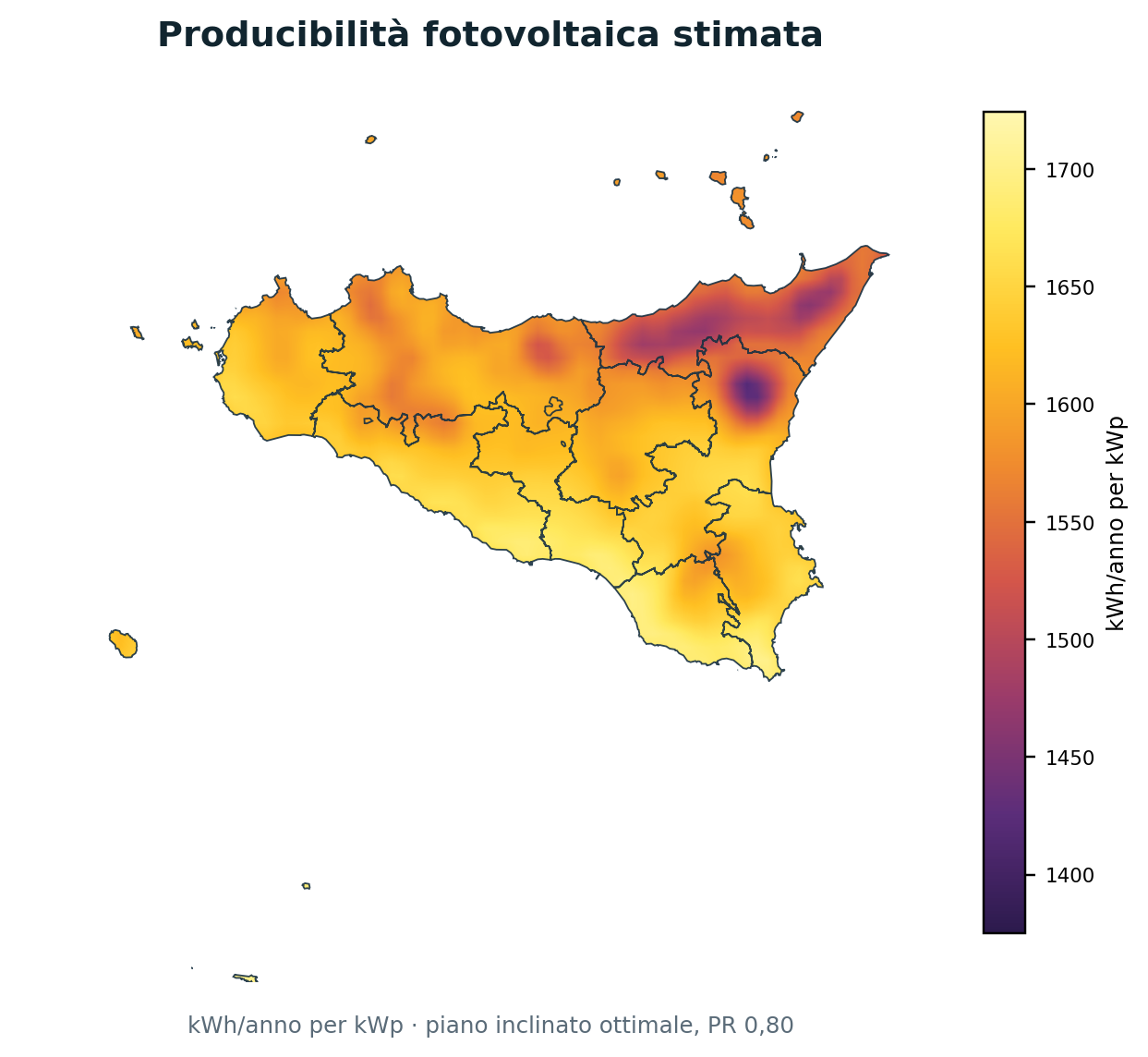 Producibilità fotovoltaica stimata in Sicilia