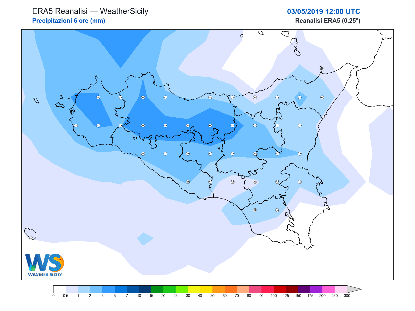 Precipitazioni (6 ore) · 2019050312