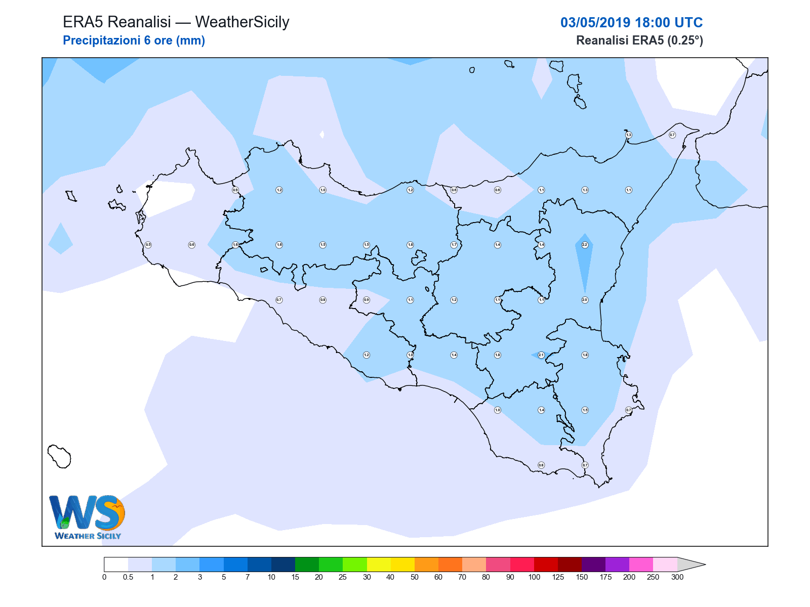 Precipitazioni (6 ore) · 2019050318