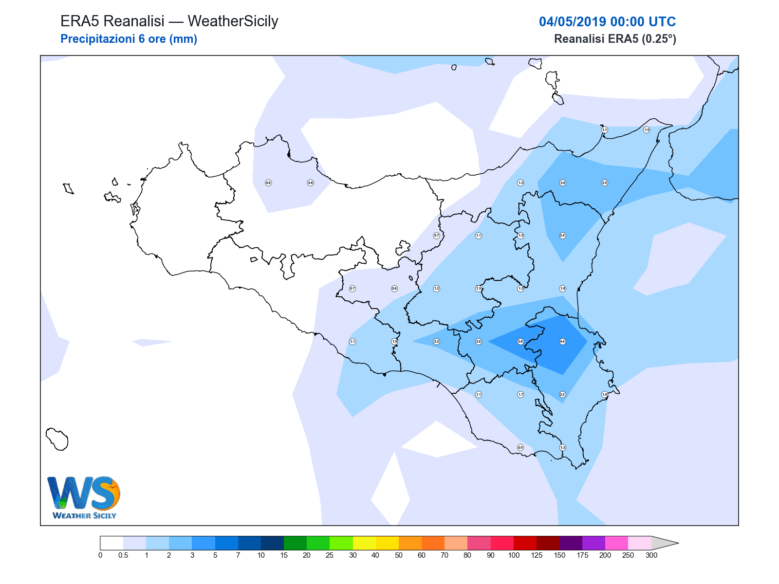 Precipitazioni (6 ore) · 2019050400