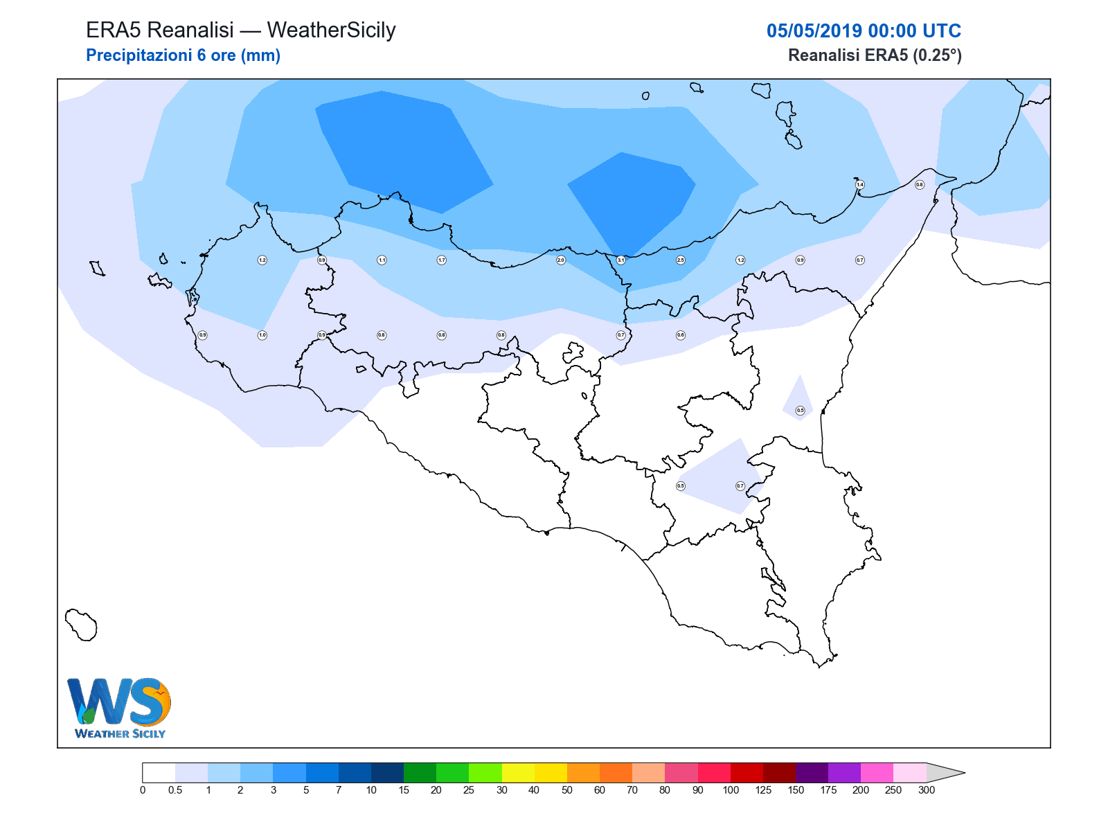 Precipitazioni (6 ore) · 2019050500
