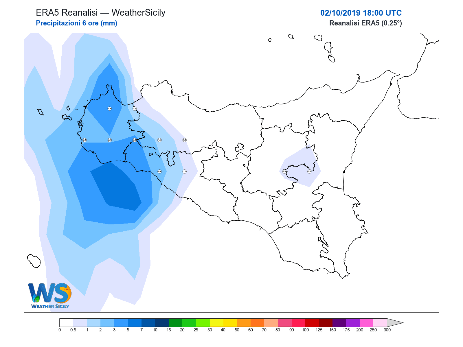 Precipitazioni (6 ore) · 2019100218