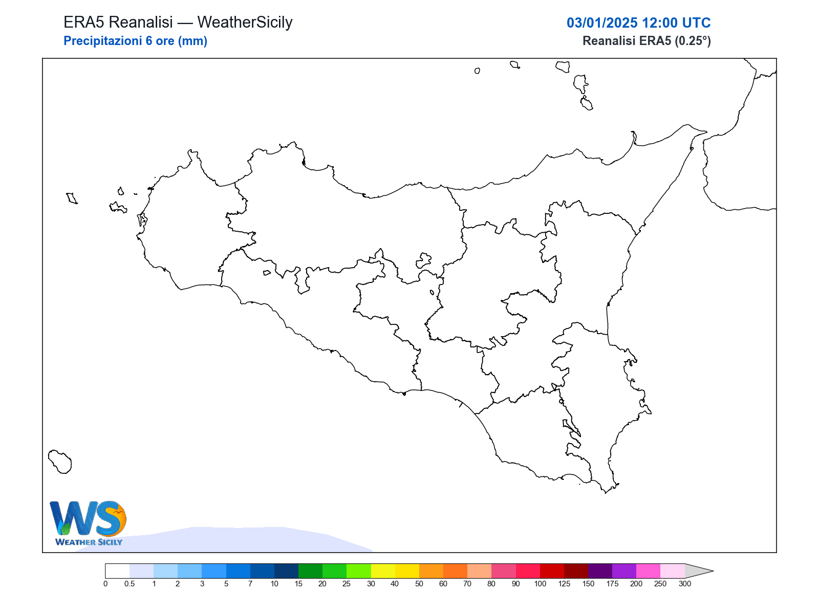 Precipitazioni (6 ore) · 2025010312