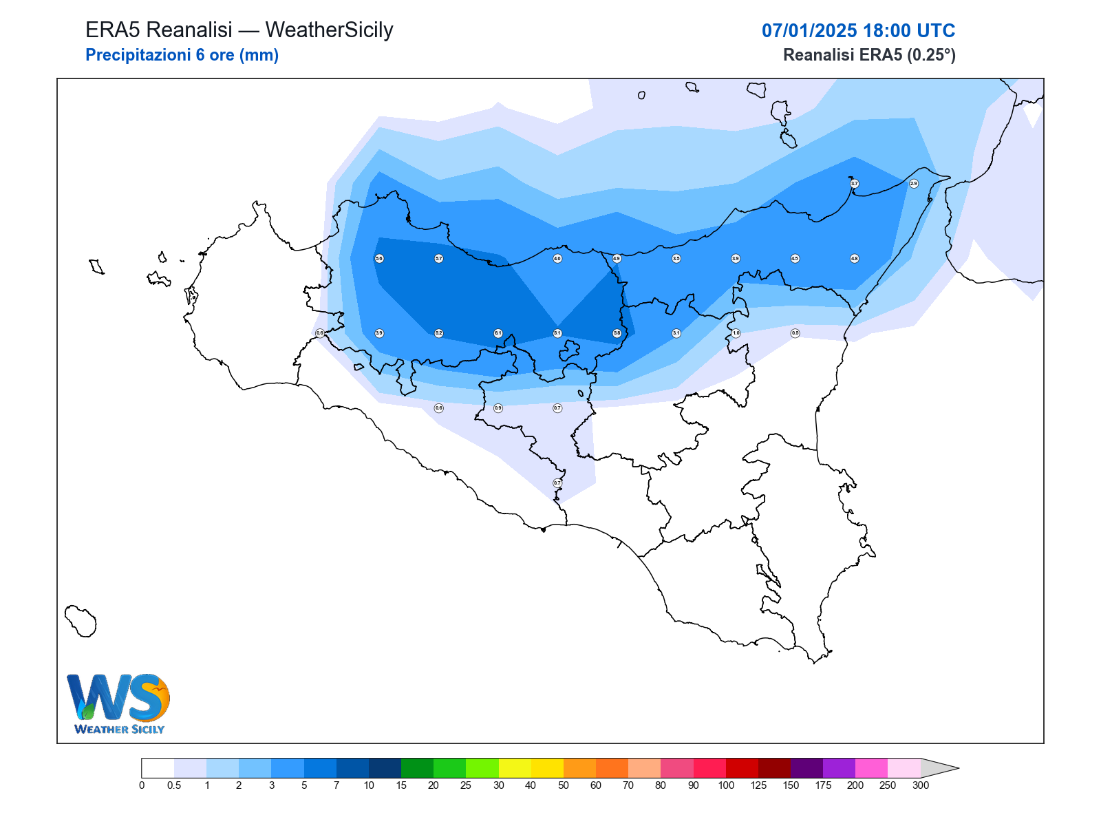 Precipitazioni (6 ore) · 2025010718