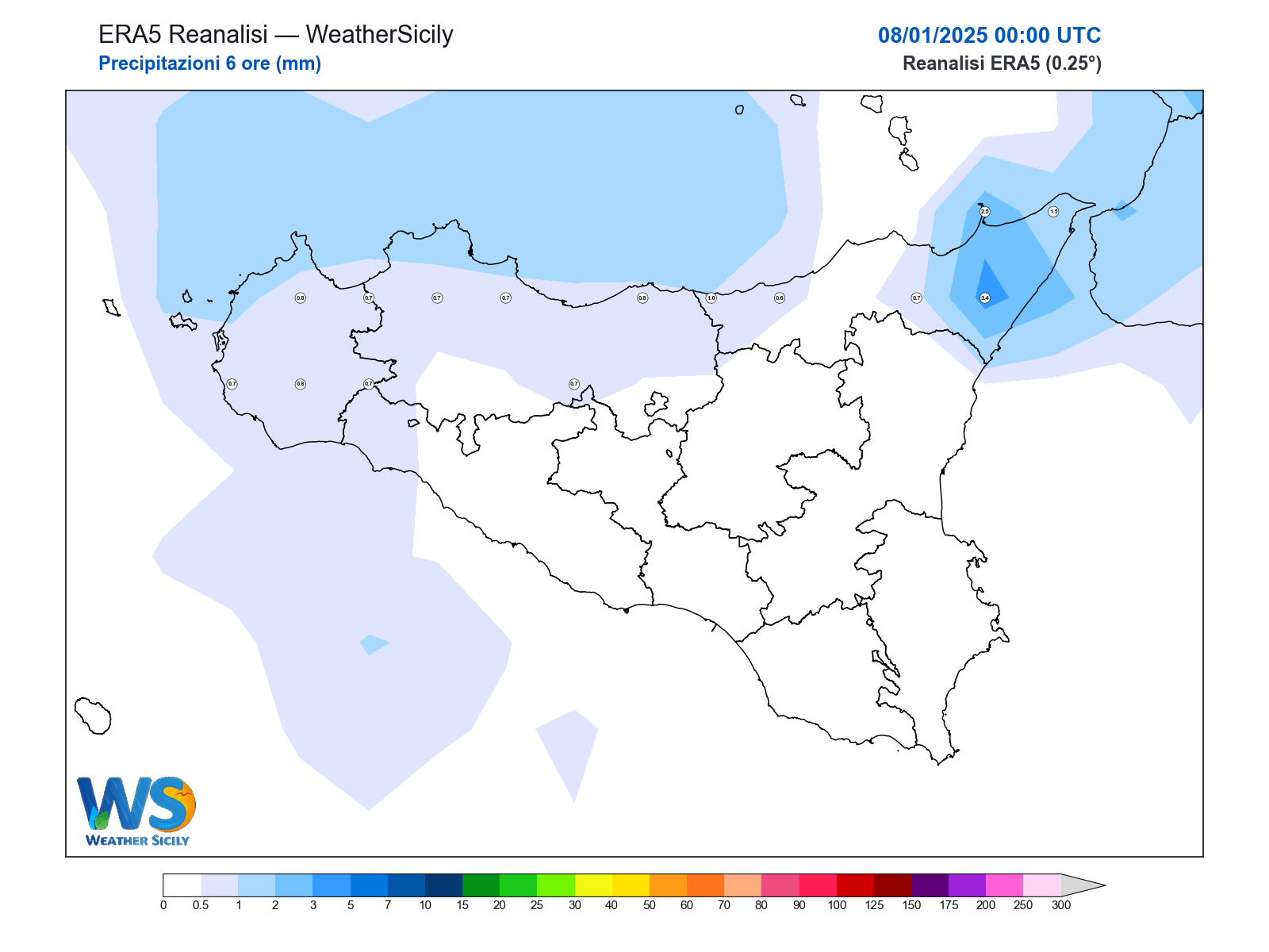 Precipitazioni (6 ore) · 2025010800