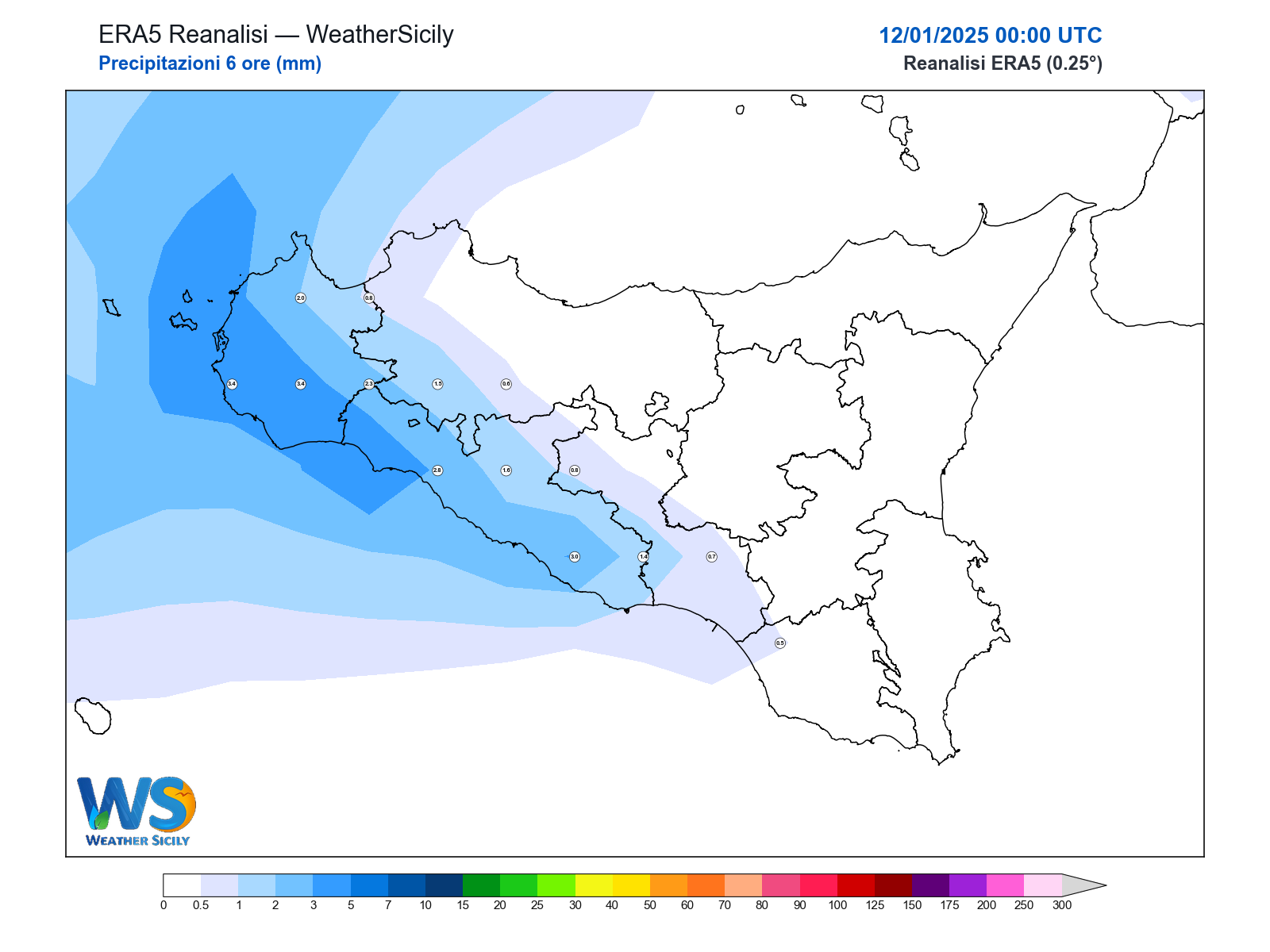 Precipitazioni (6 ore) · 2025011200
