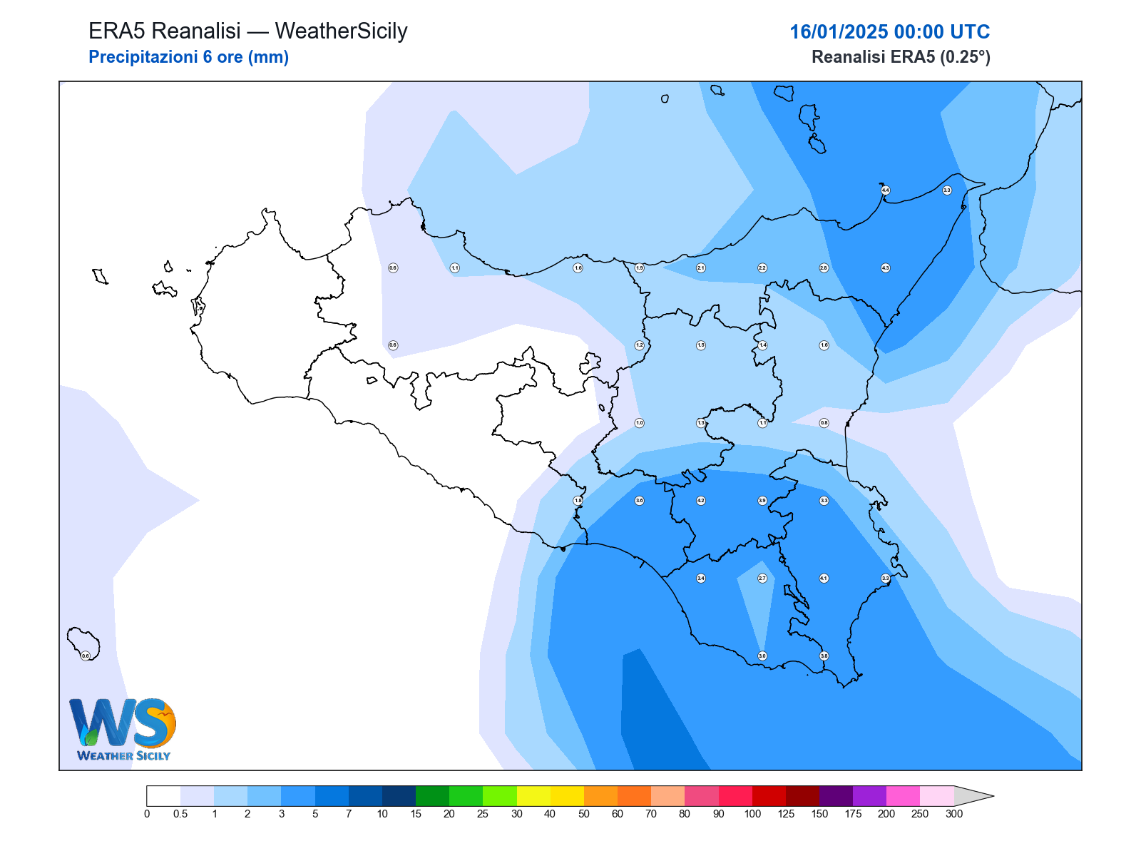 Precipitazioni (6 ore) · 2025011600