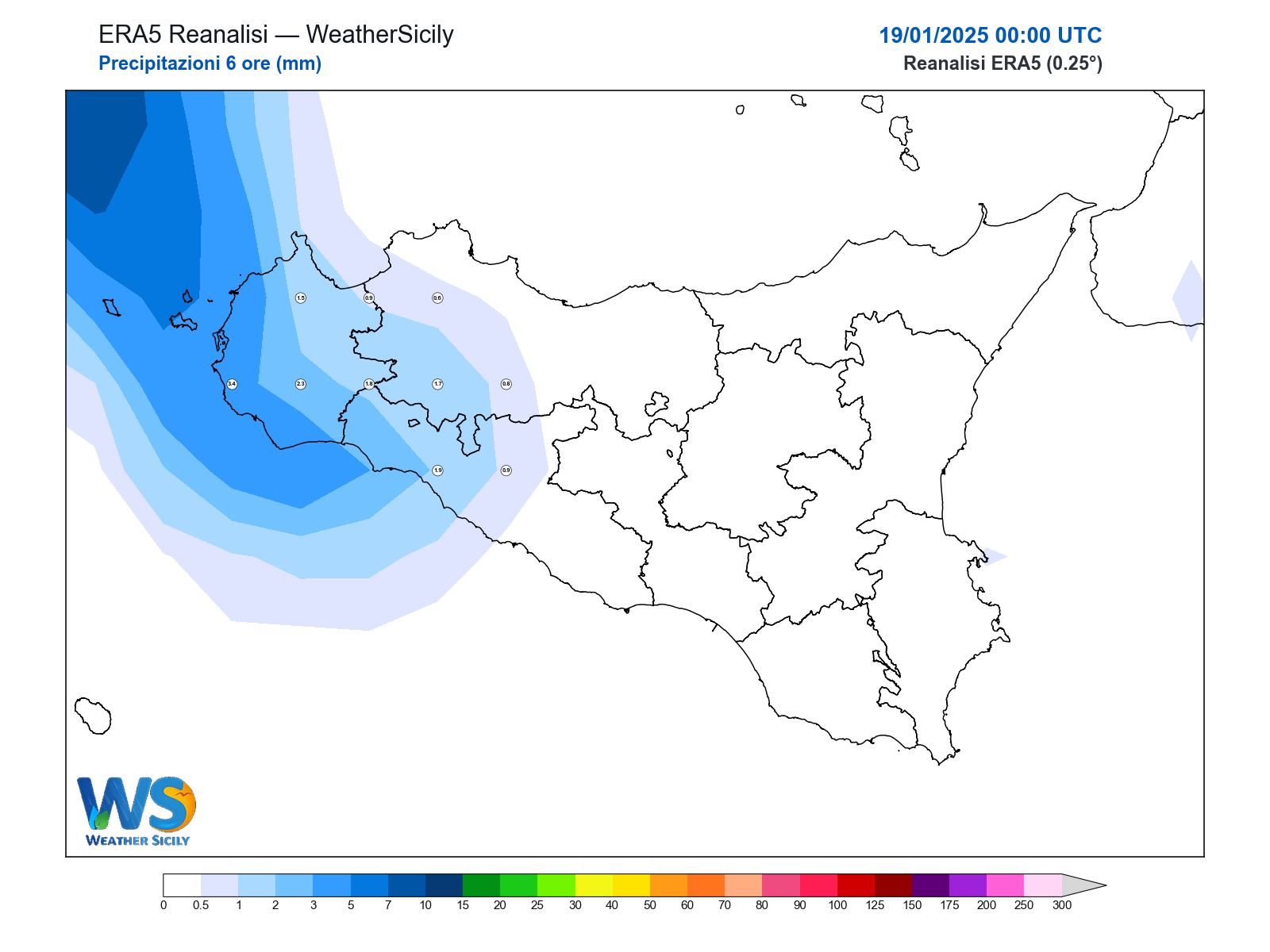 Precipitazioni (6 ore) · 2025011900