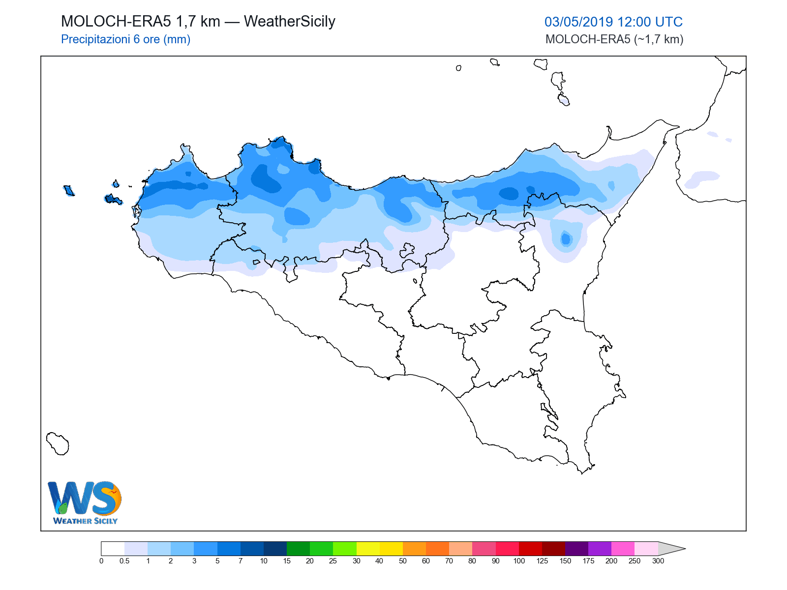 Precipitazioni (6 ore) · 2019050312