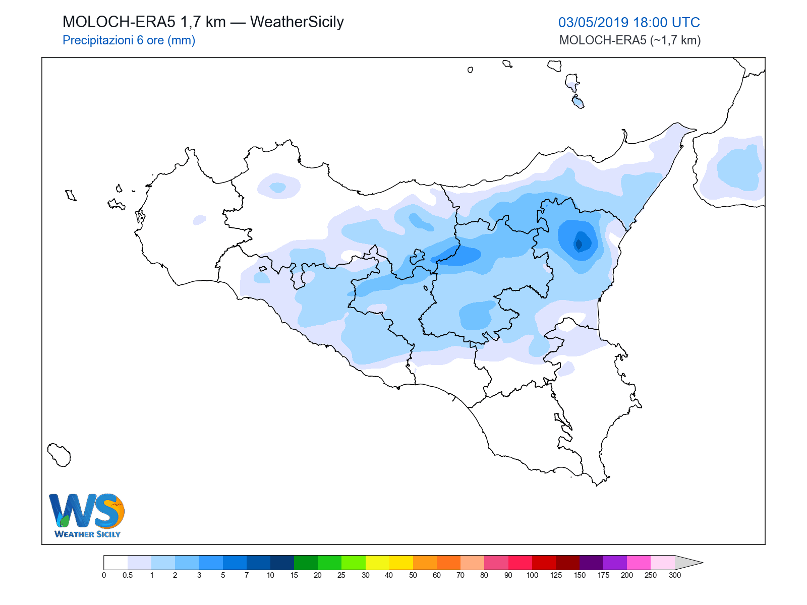 Precipitazioni (6 ore) · 2019050318