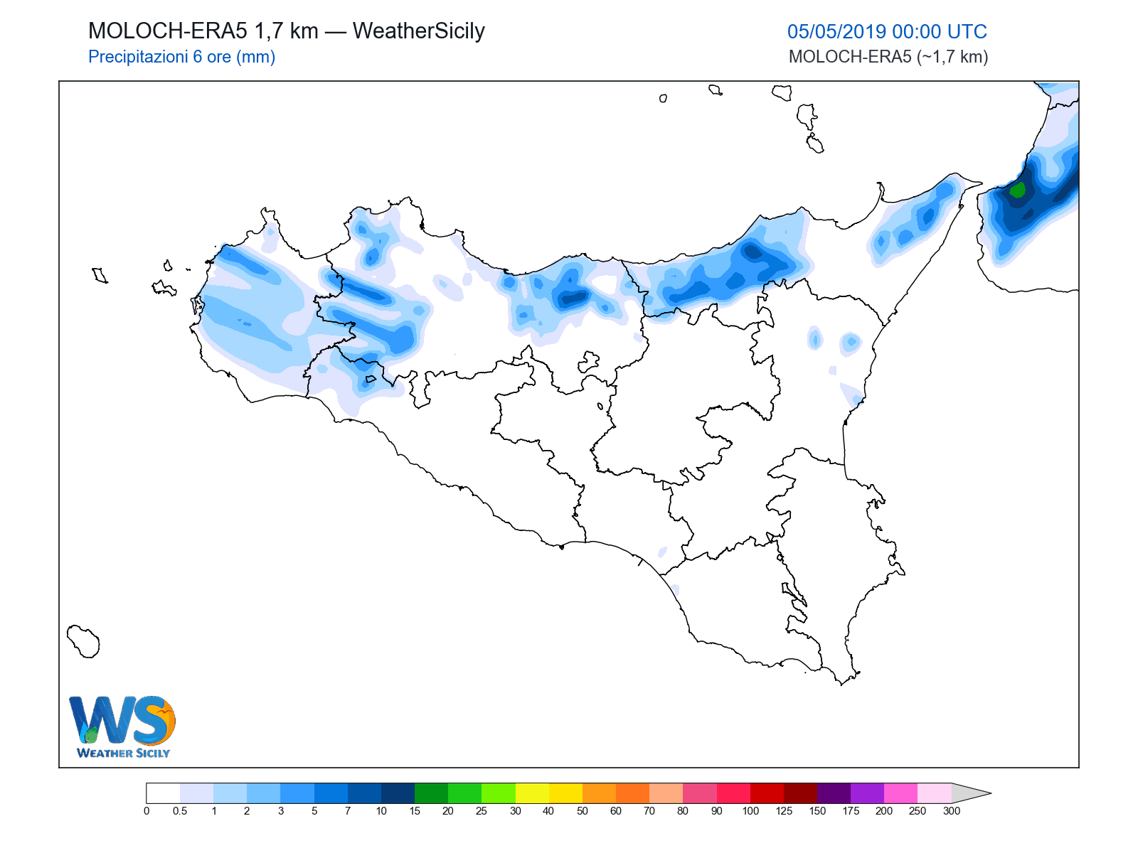 Precipitazioni (6 ore) · 2019050500