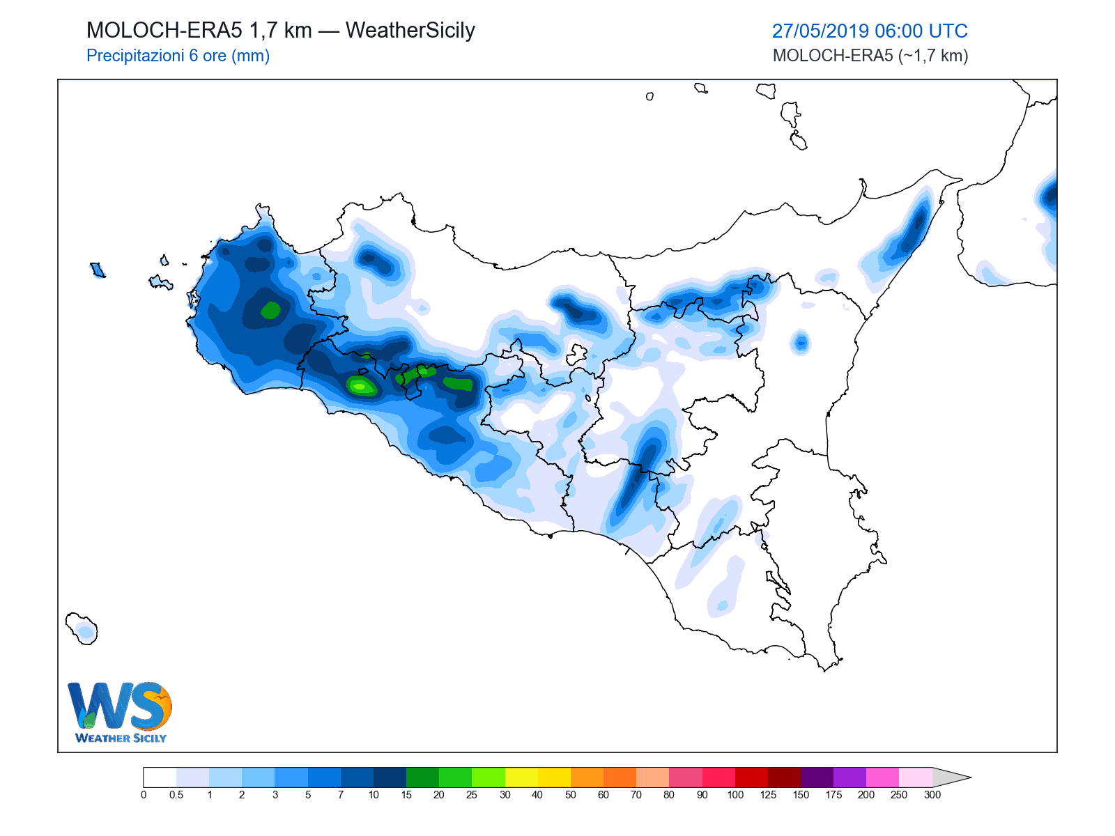 Precipitazioni (6 ore) · 2019052706
