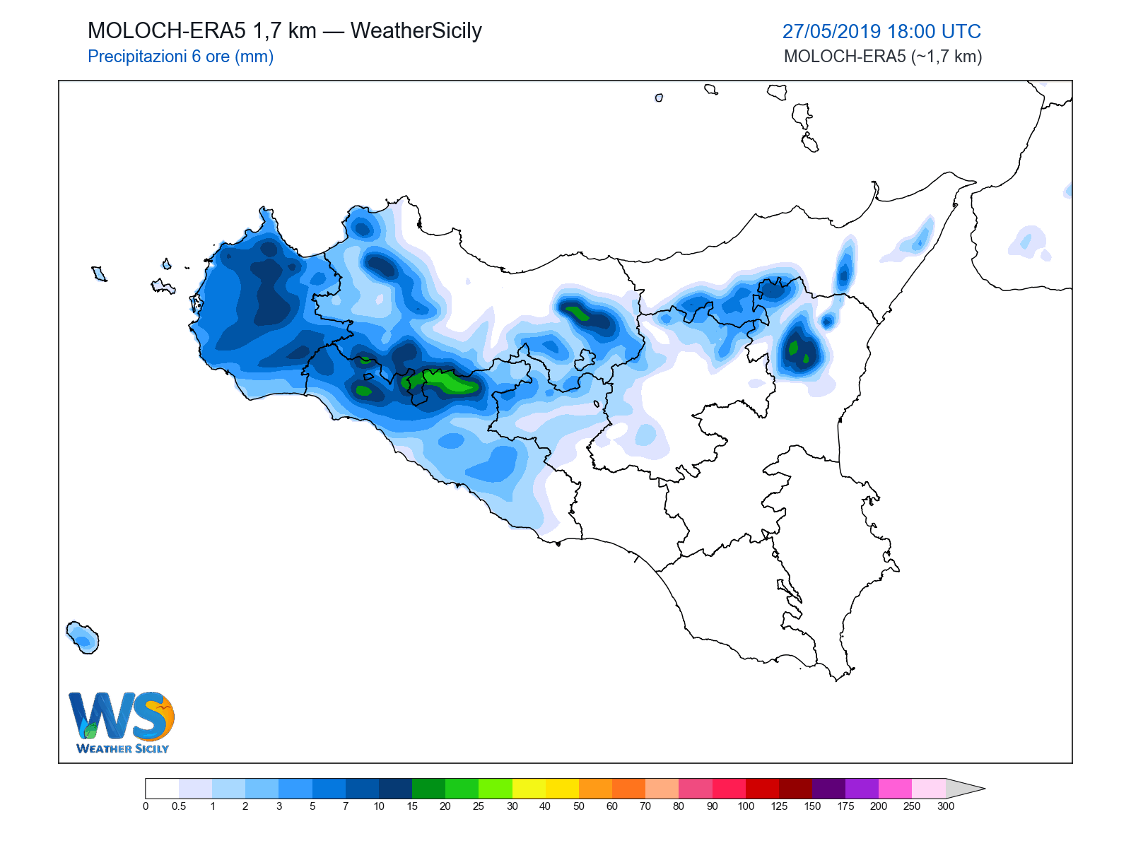 Precipitazioni (6 ore) · 2019052718