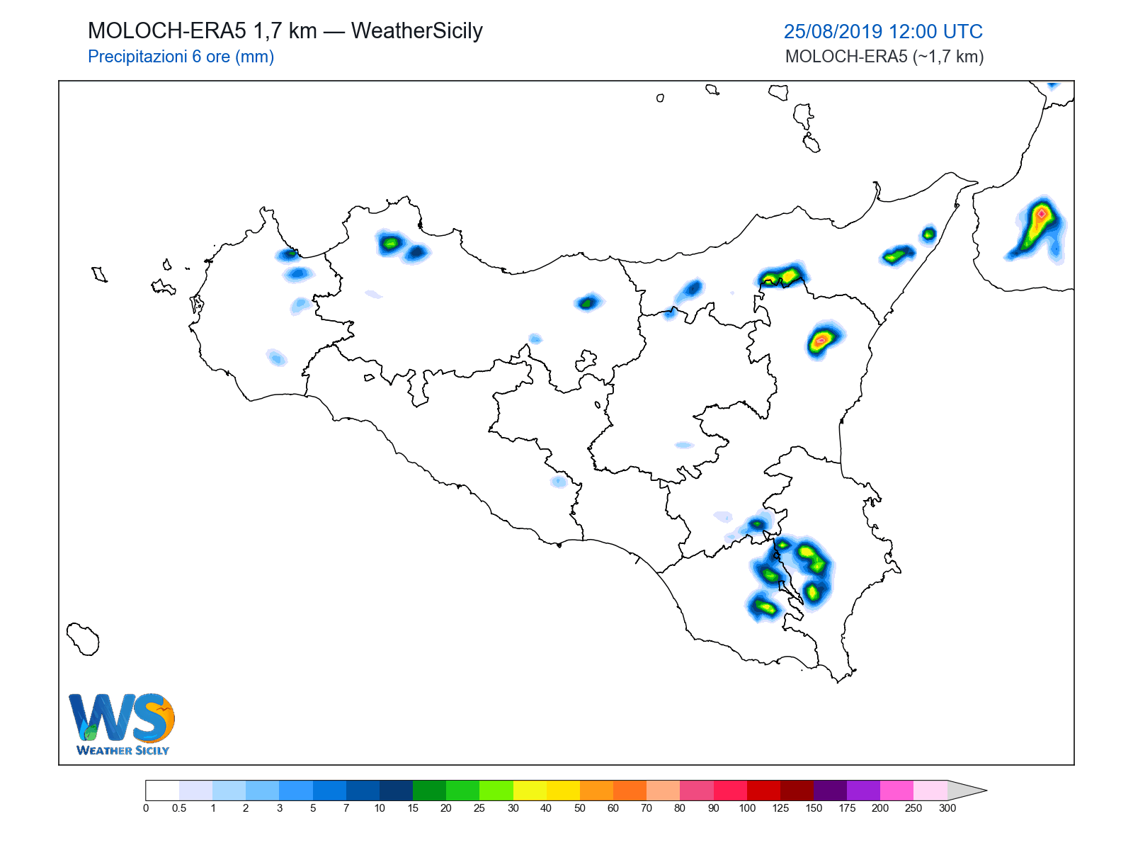 Precipitazioni (6 ore) · 2019082512