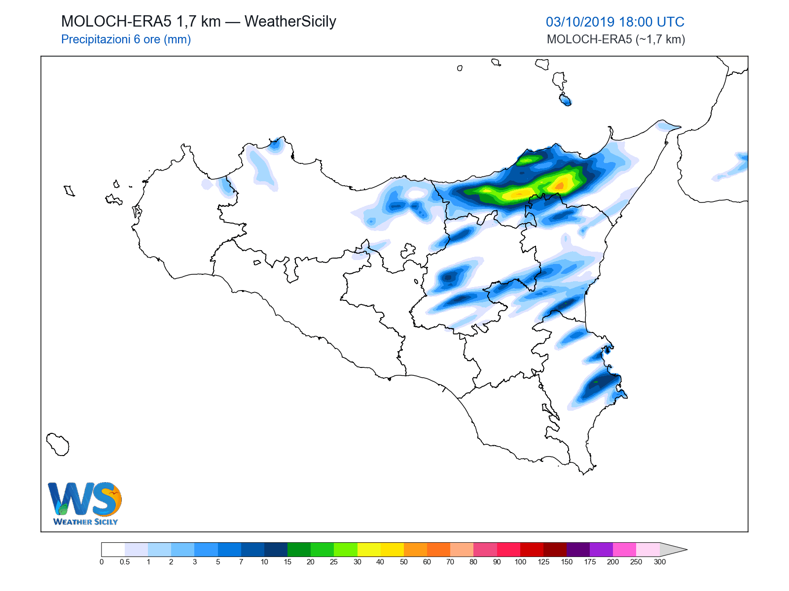 Precipitazioni (6 ore) · 2019100318