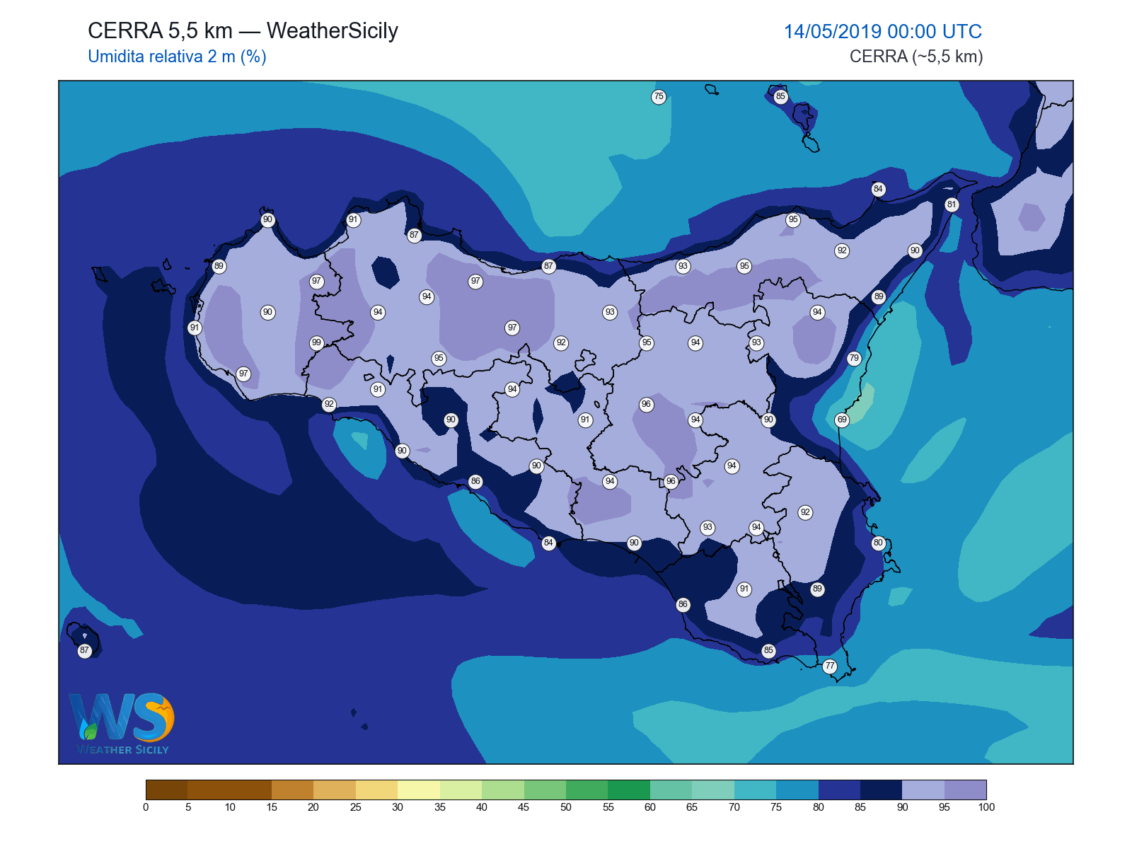 Umidità relativa 2 m · 2019051400