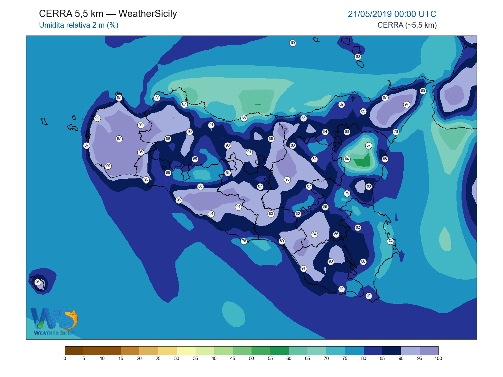Umidità relativa 2 m · 2019052100