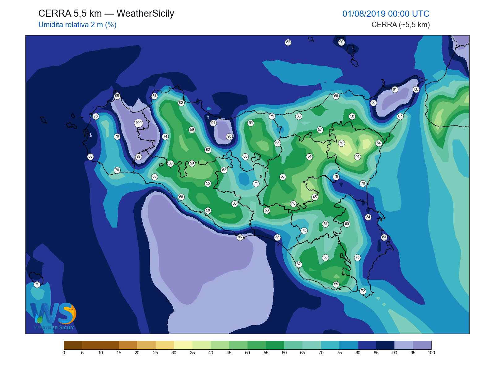 Umidità relativa 2 m · 2019080100