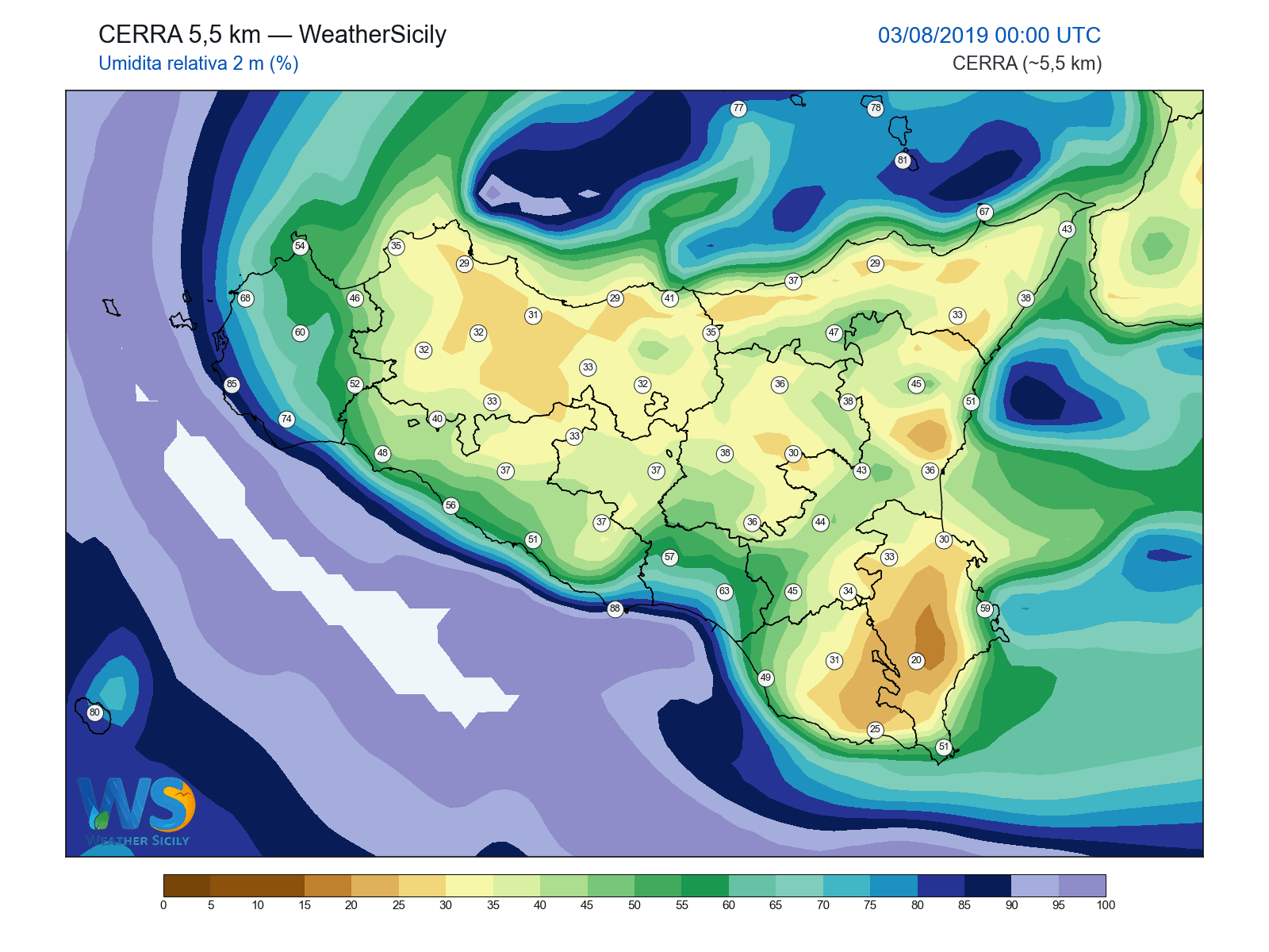 Umidità relativa 2 m · 2019080300