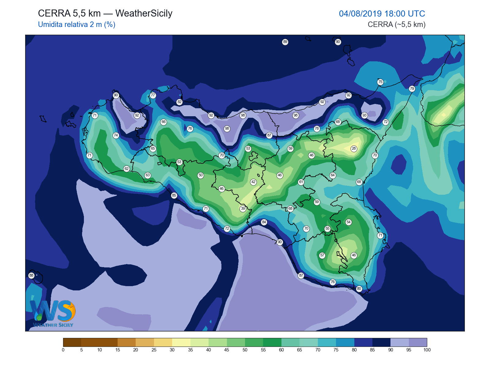 Umidità relativa 2 m · 2019080418