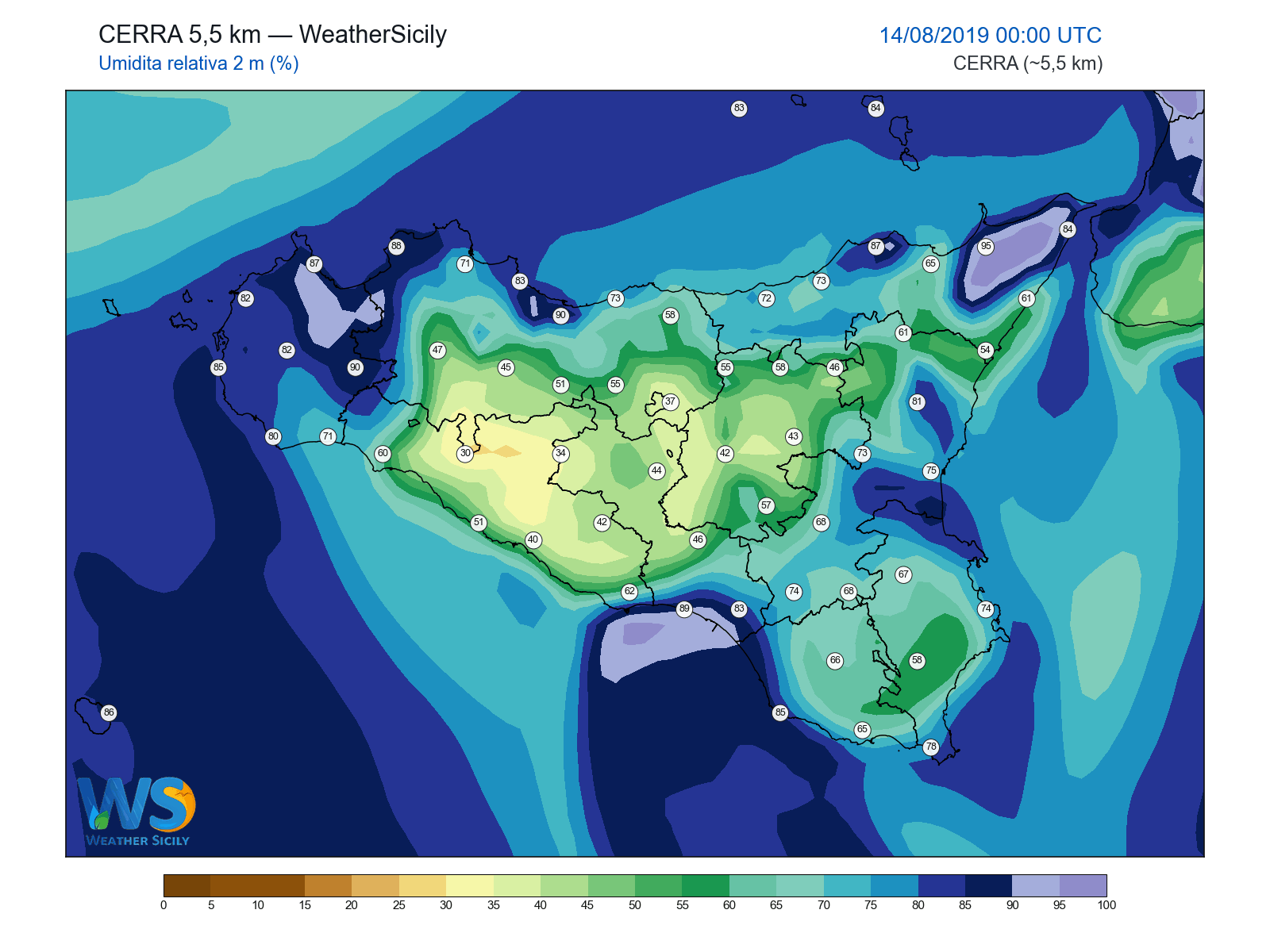 Umidità relativa 2 m · 2019081400