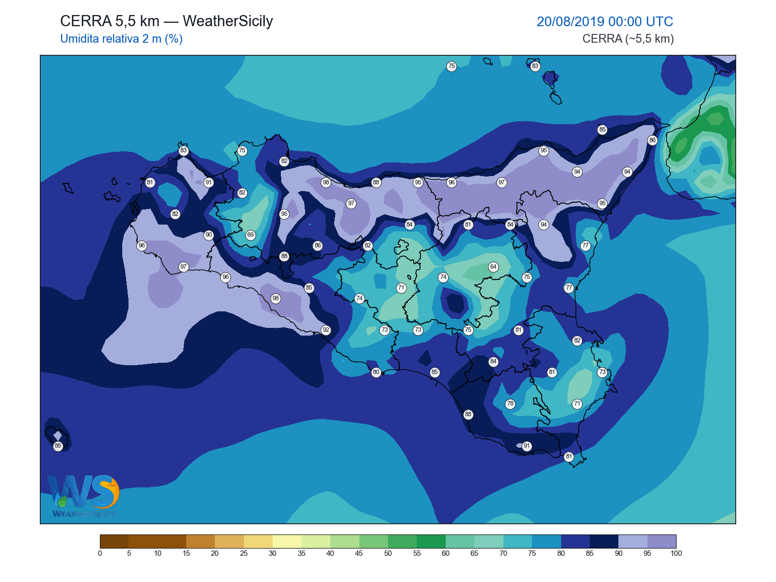 Umidità relativa 2 m · 2019082000