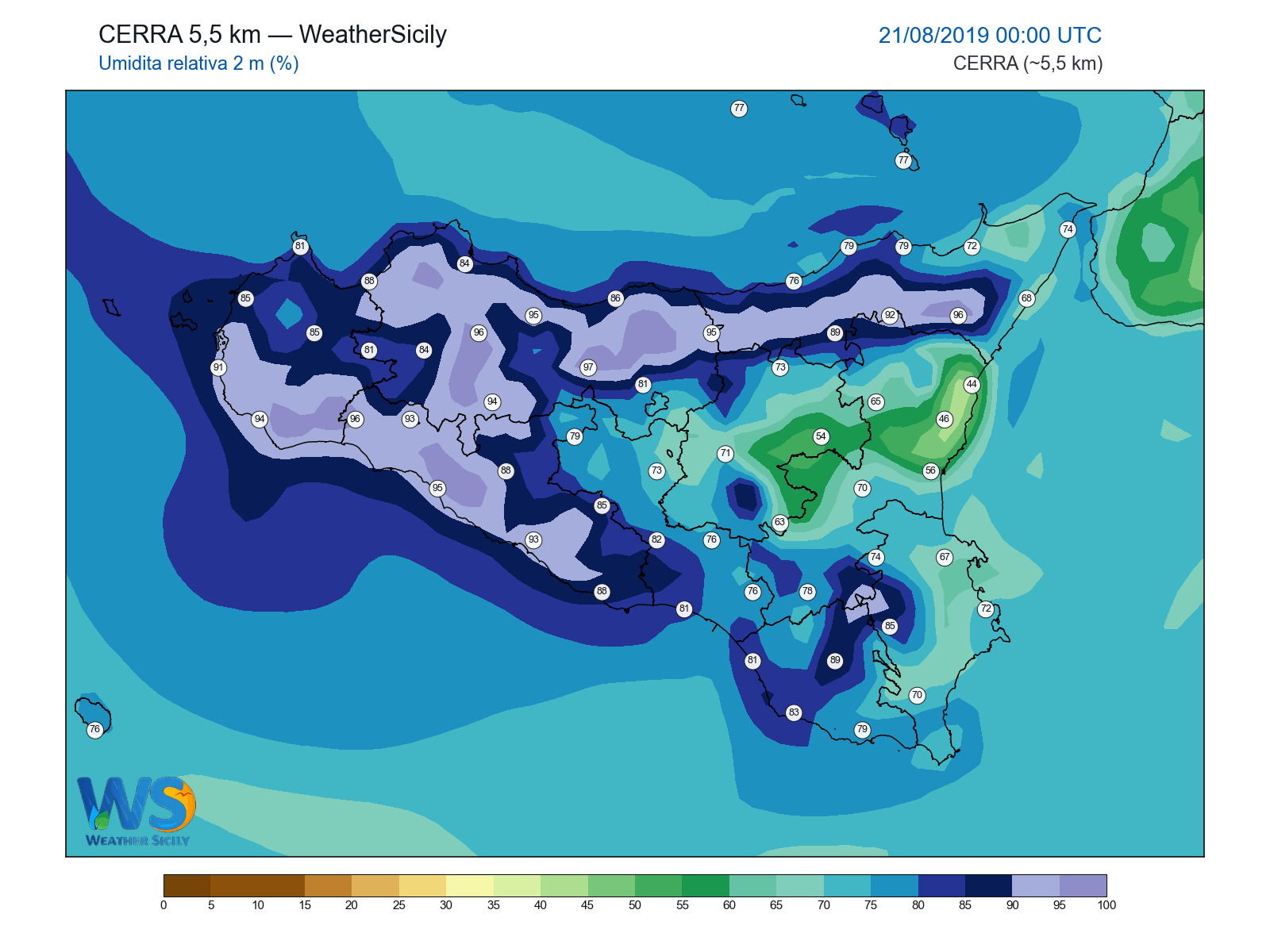 Umidità relativa 2 m · 2019082100