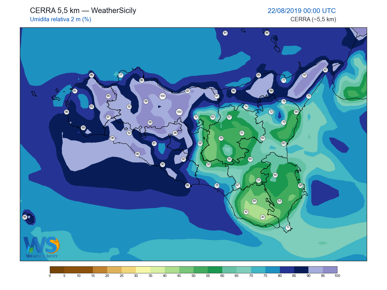 Umidità relativa 2 m · 2019082200