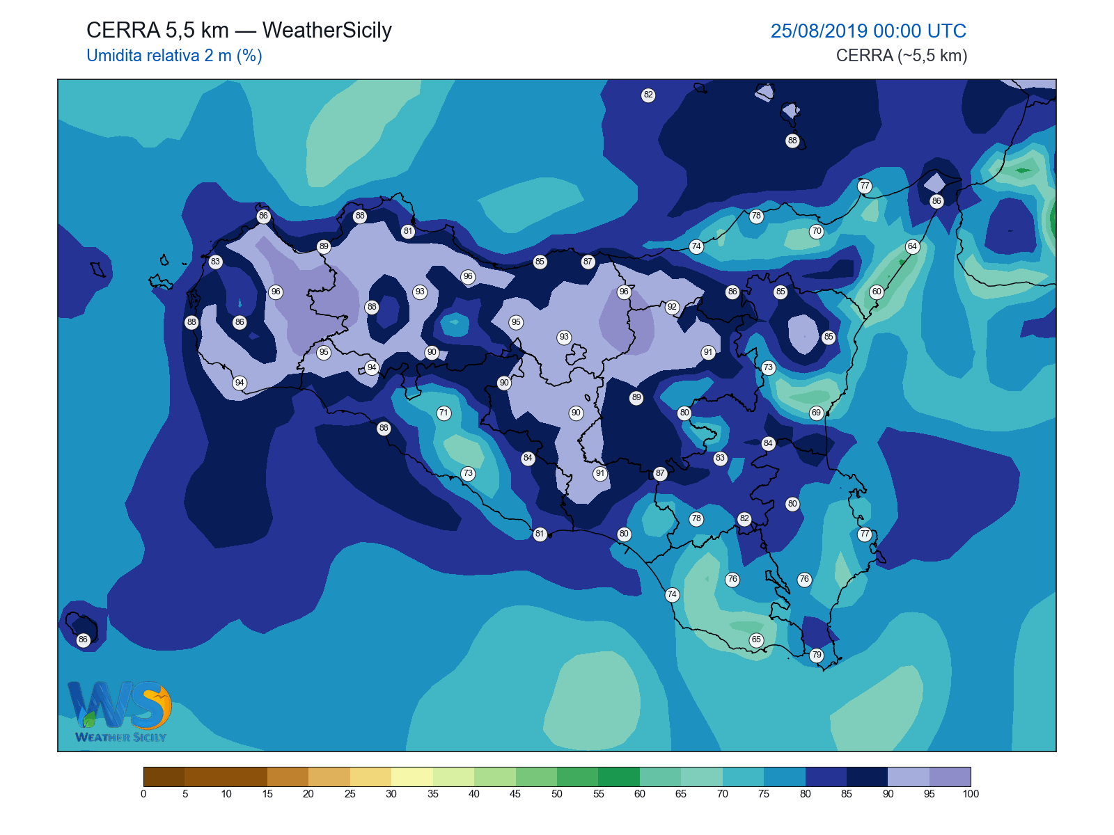 Umidità relativa 2 m · 2019082500