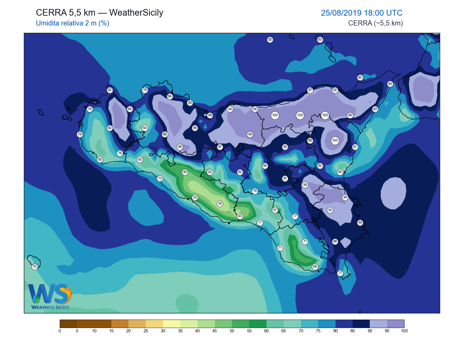 Umidità relativa 2 m · 2019082518