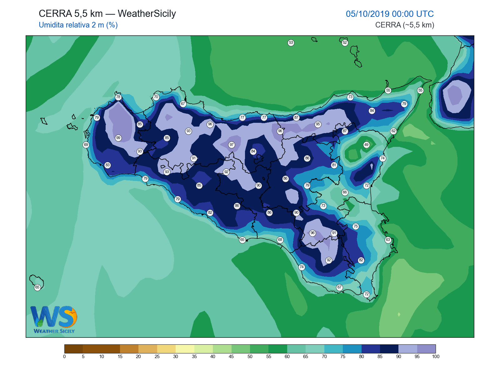 Umidità relativa 2 m · 2019100500