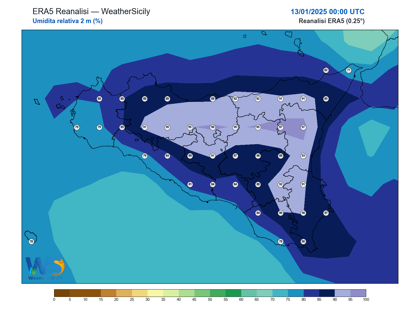 Umidità relativa 2 m · 2025011300