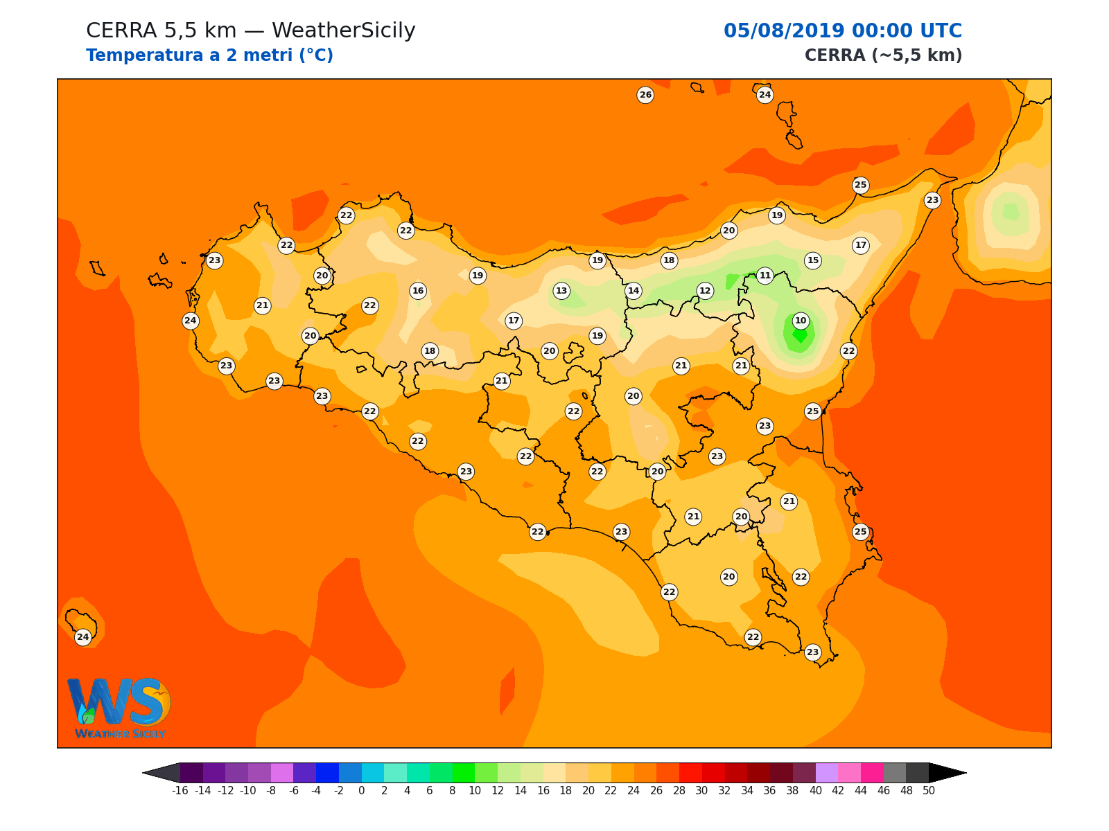 Temperatura a 2 metri · 2019080500