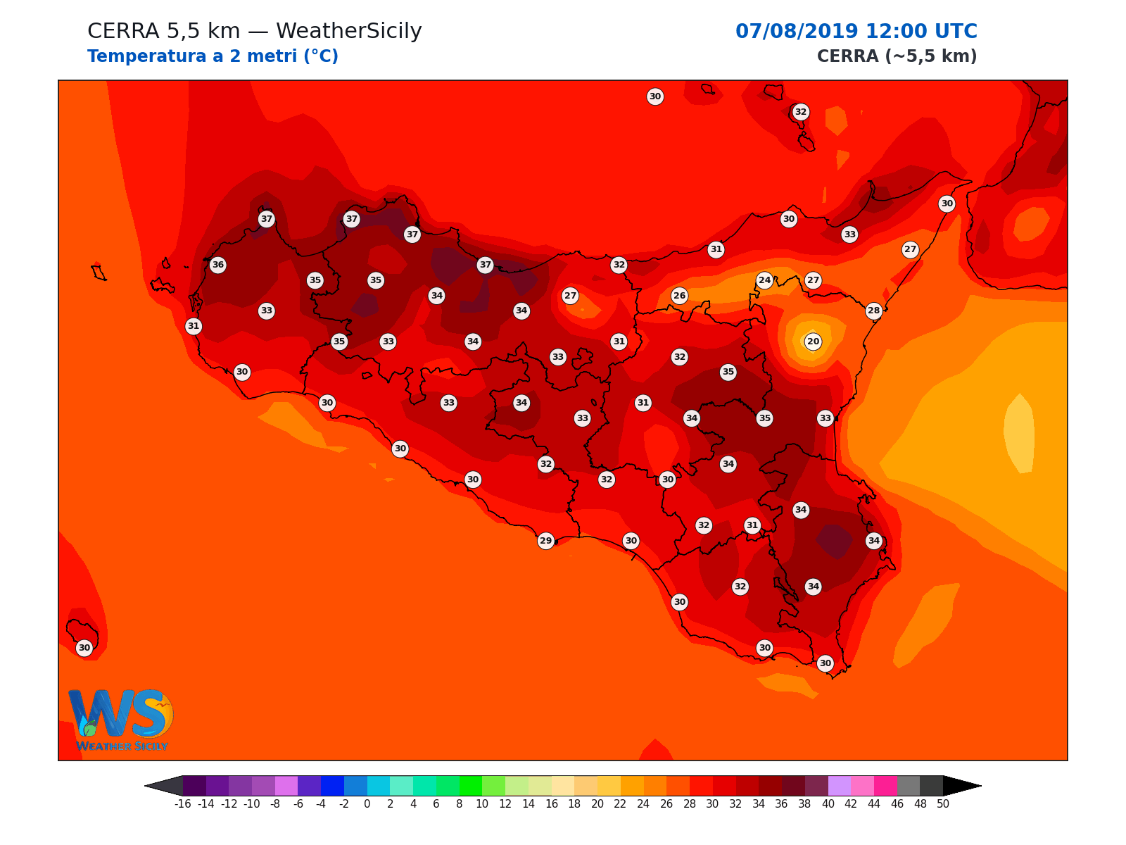Temperatura a 2 metri · 2019080712