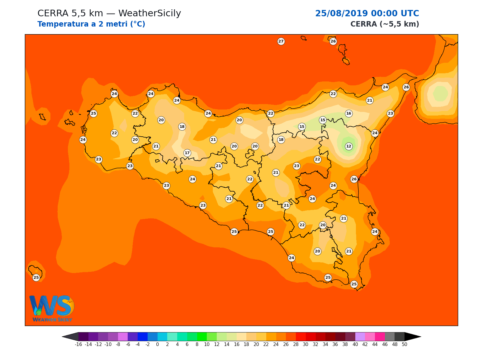 Temperatura a 2 metri · 2019082500