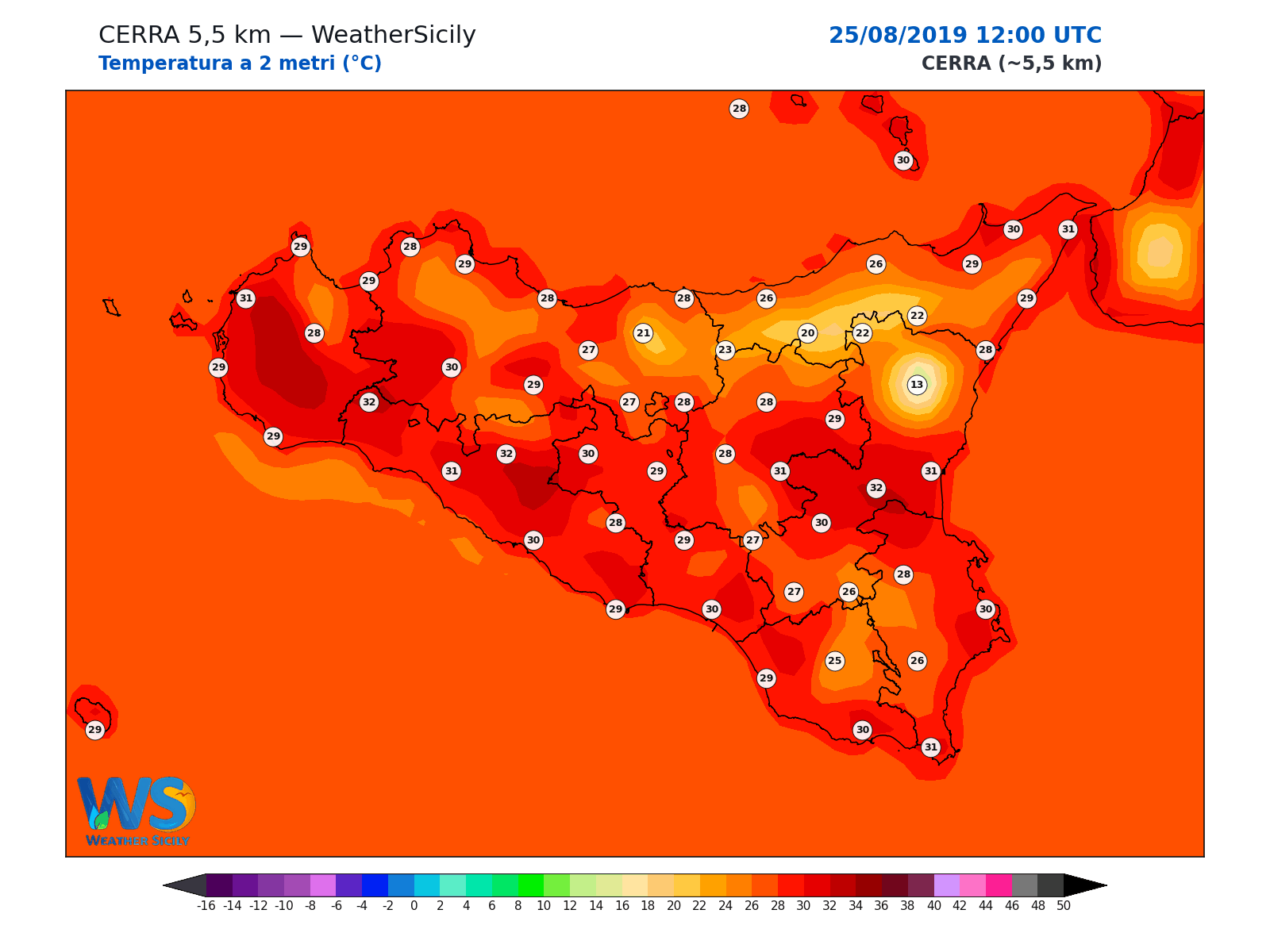 Temperatura a 2 metri · 2019082512