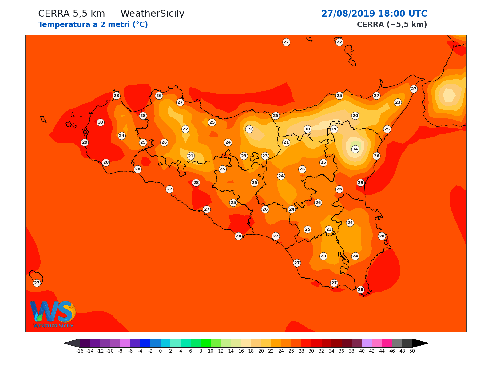 Temperatura a 2 metri · 2019082718