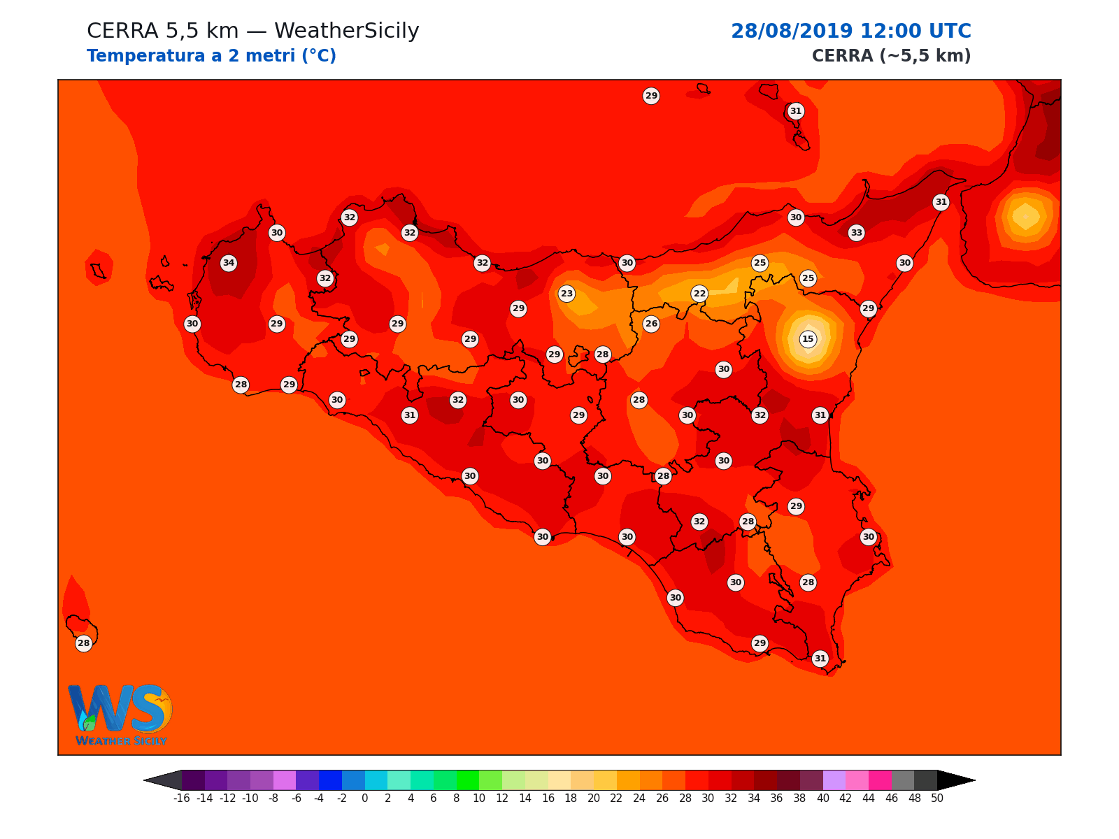 Temperatura a 2 metri · 2019082812