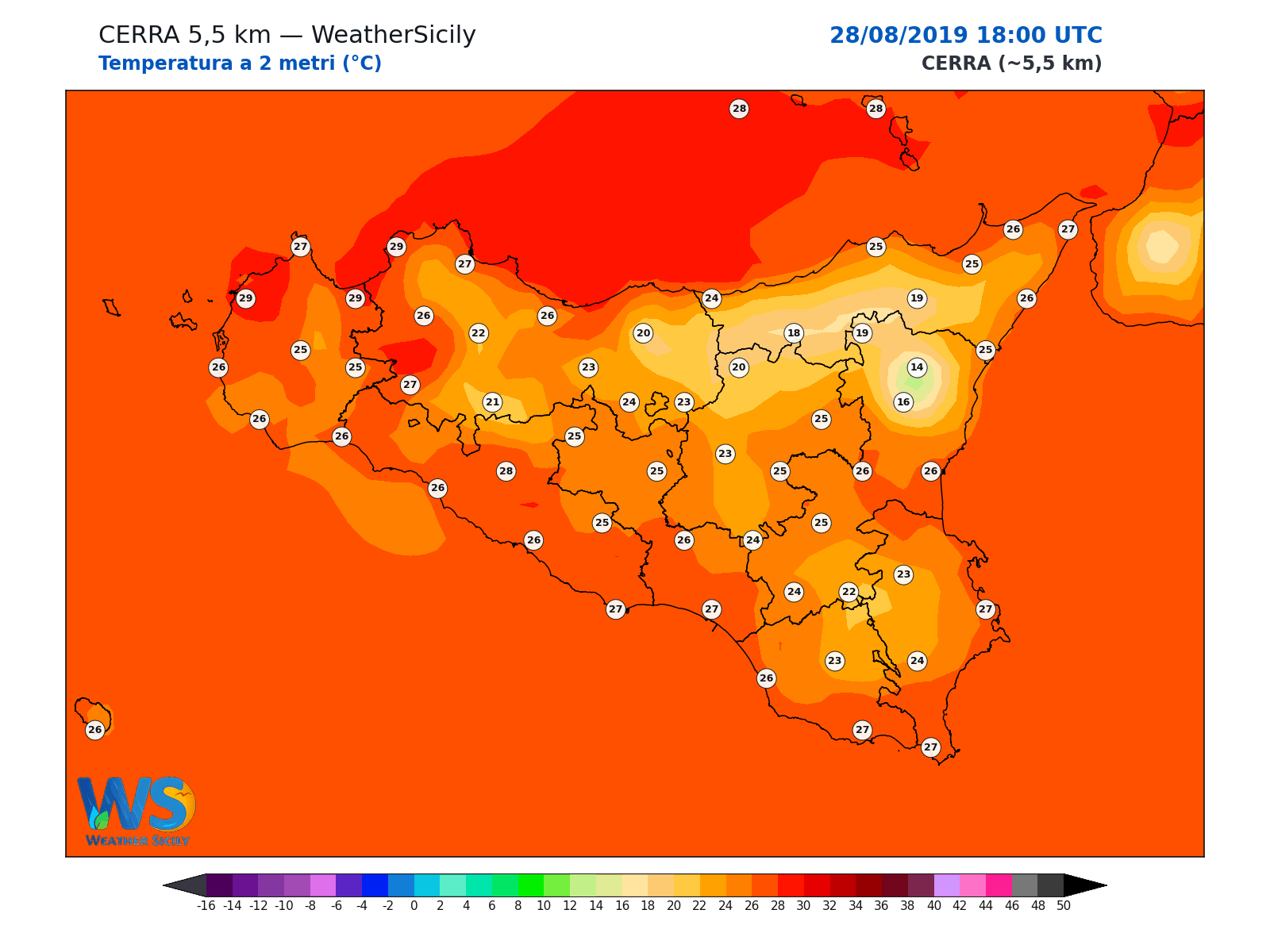 Temperatura a 2 metri · 2019082818