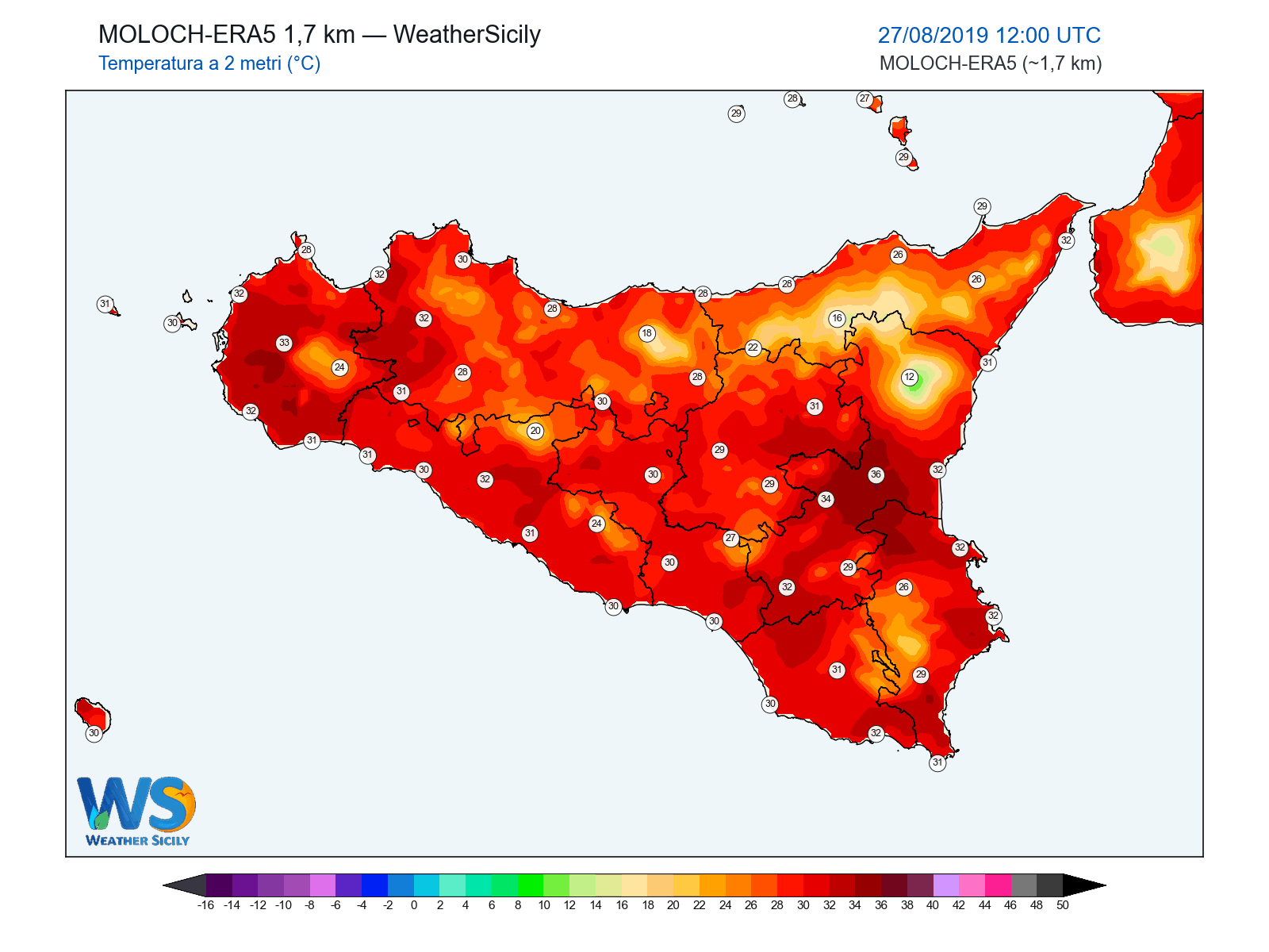 Temperatura a 2 metri · 2019082712