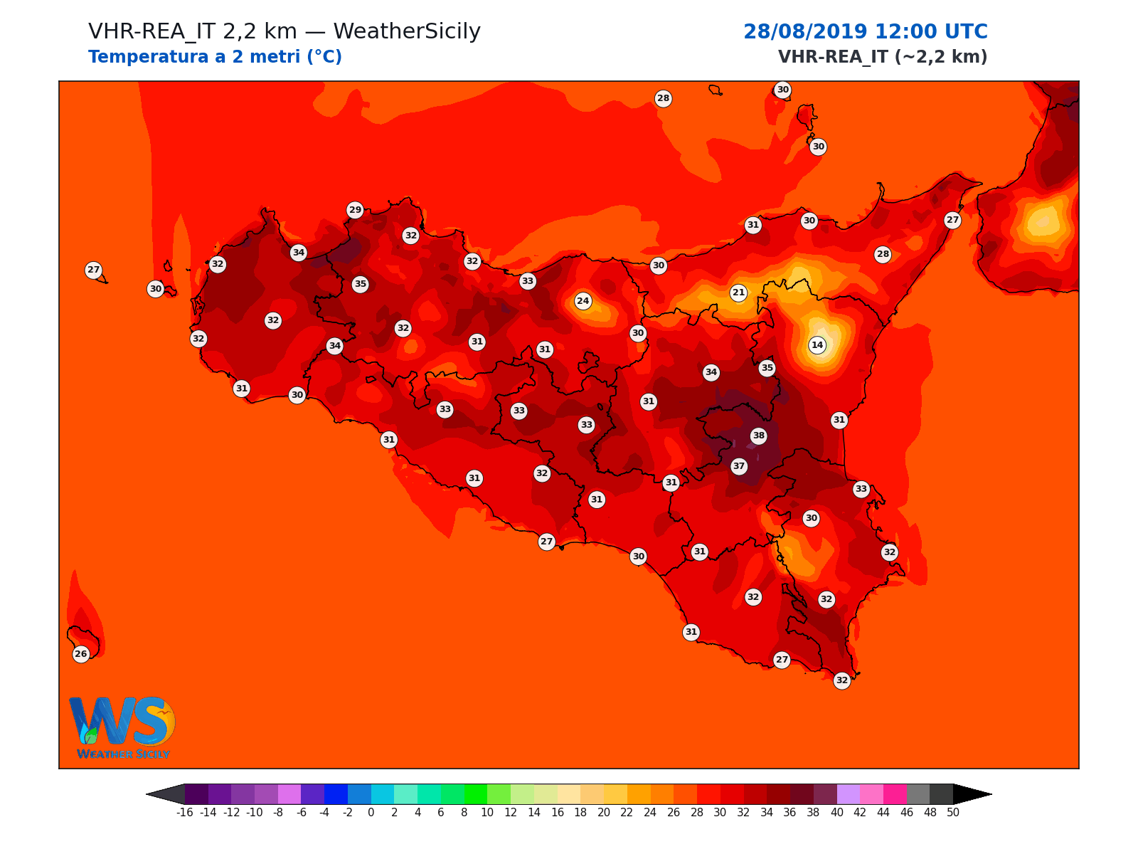 Temperatura a 2 metri · 2019082812