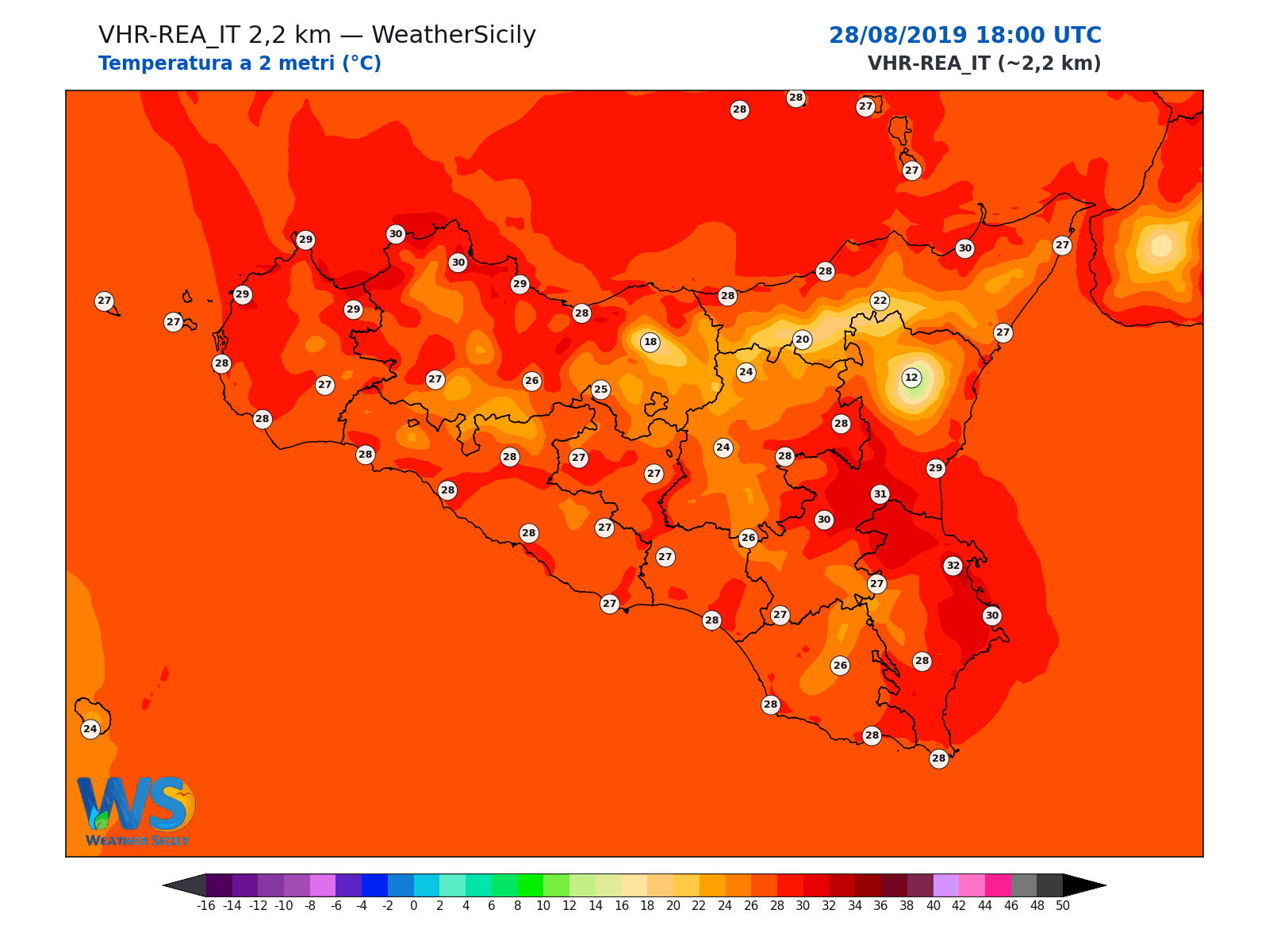 Temperatura a 2 metri · 2019082818