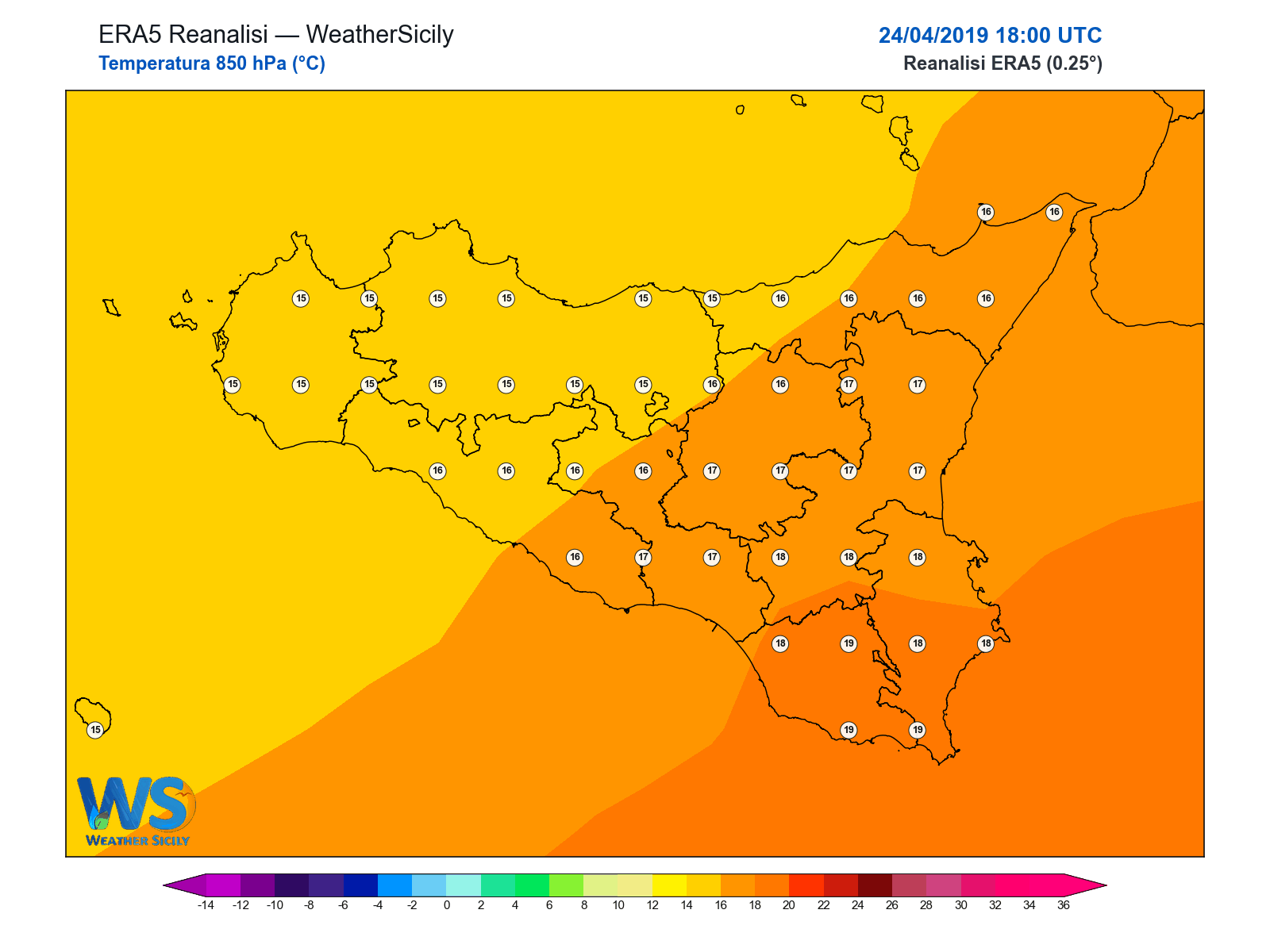 Temperatura a 850 hPa · 2019042418