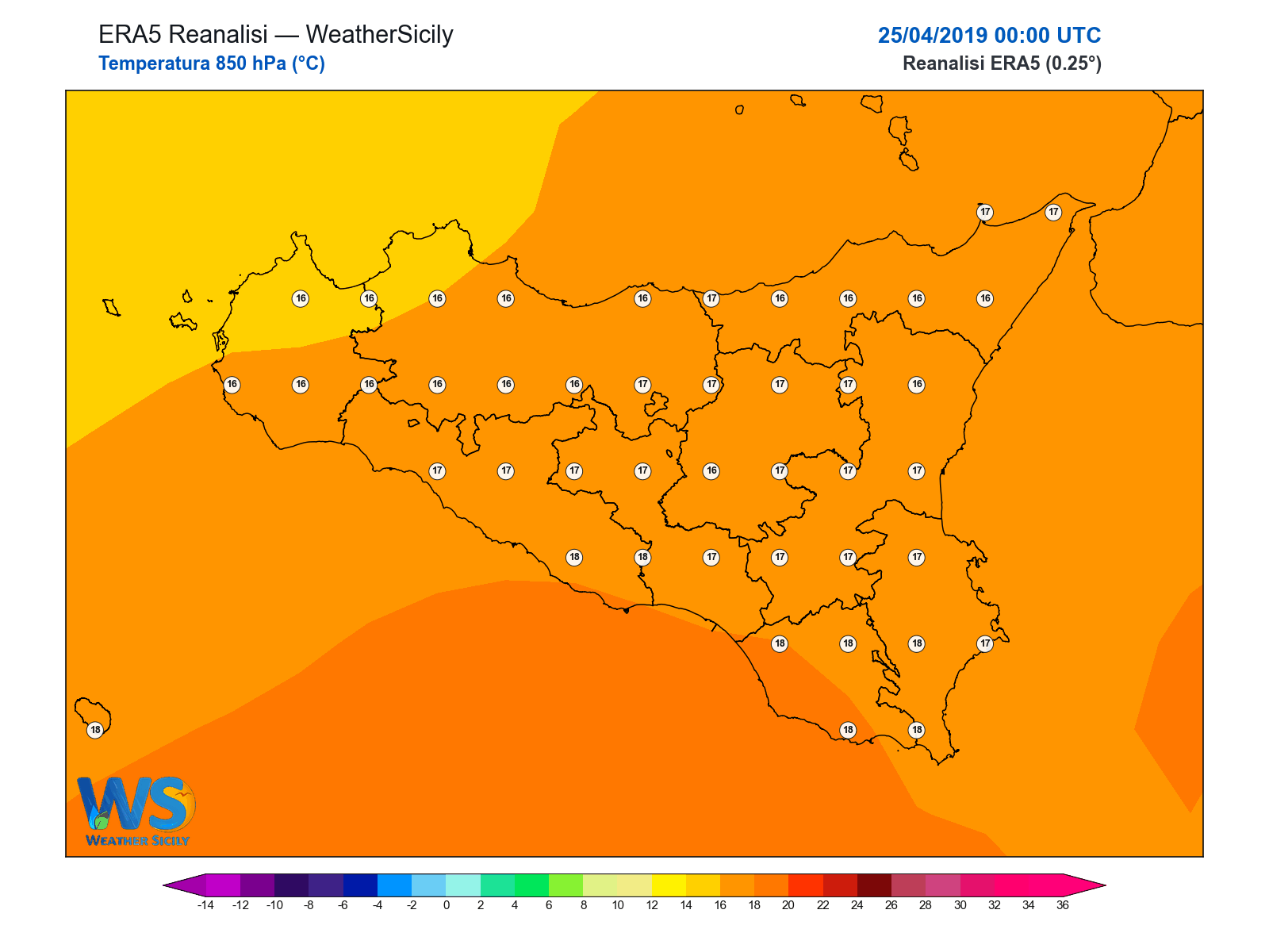 Temperatura a 850 hPa · 2019042500