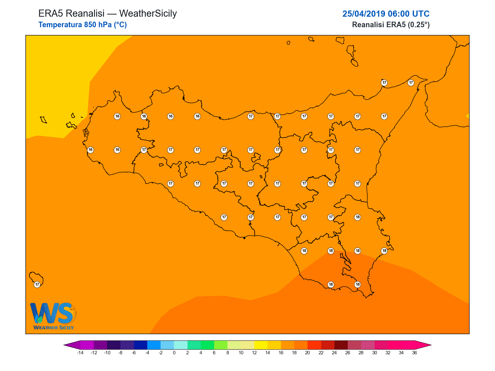 Temperatura a 850 hPa · 2019042506