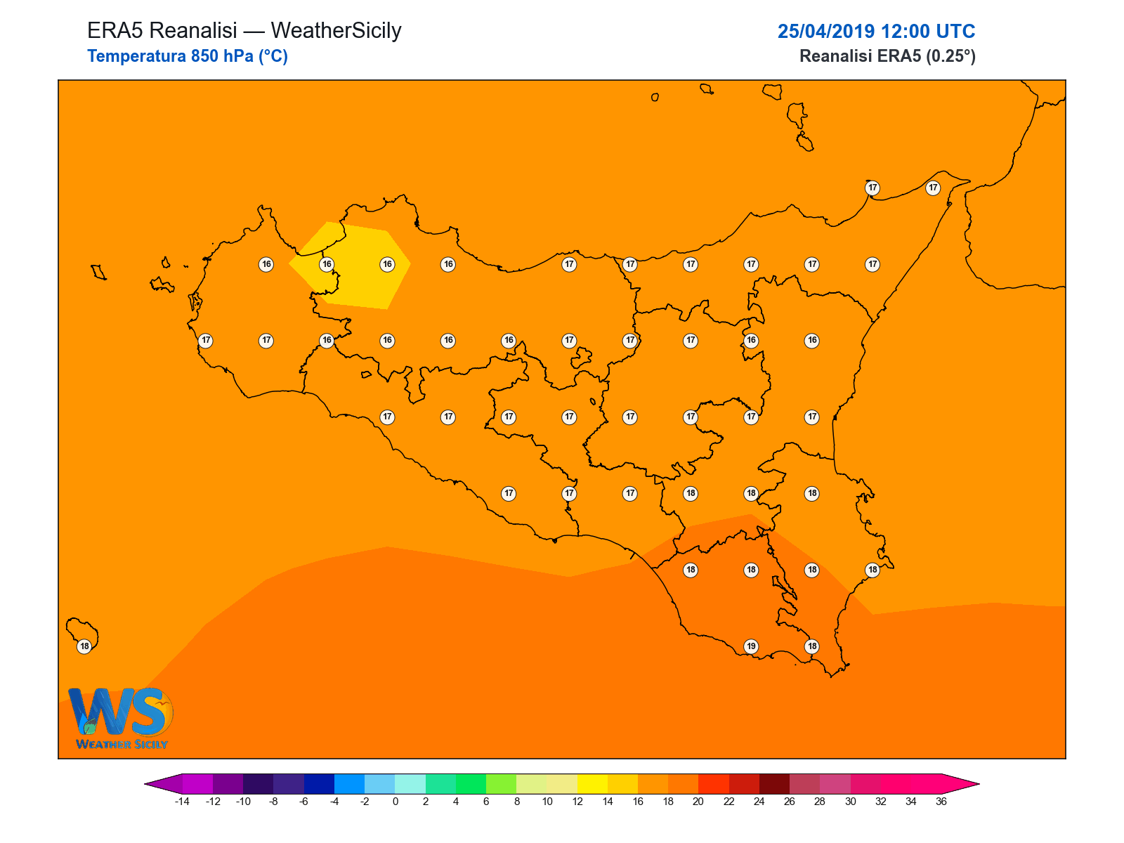 Temperatura a 850 hPa · 2019042512