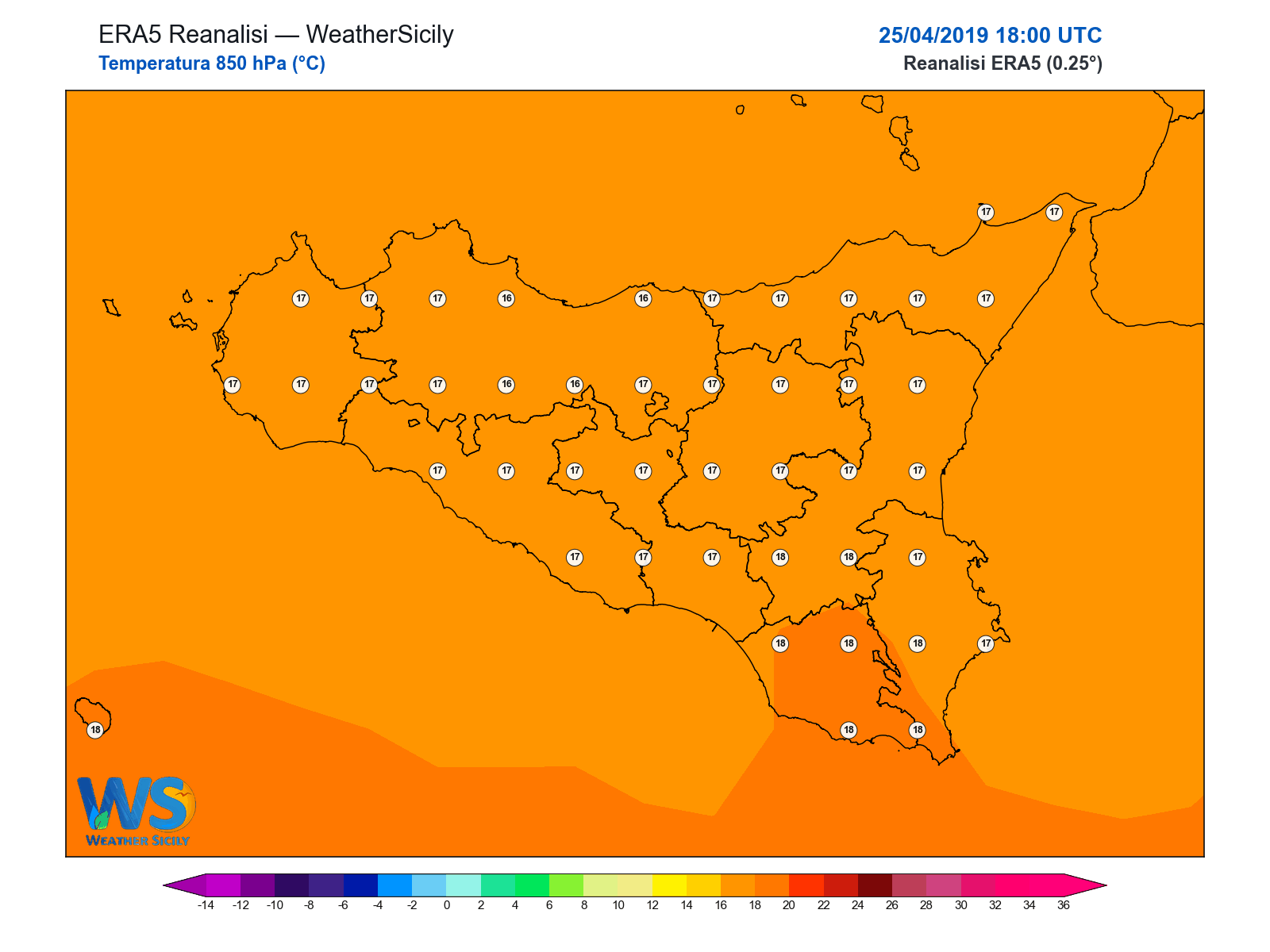 Temperatura a 850 hPa · 2019042518