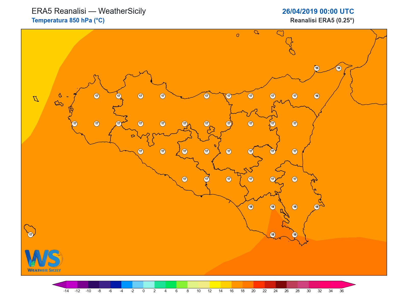 Temperatura a 850 hPa · 2019042600