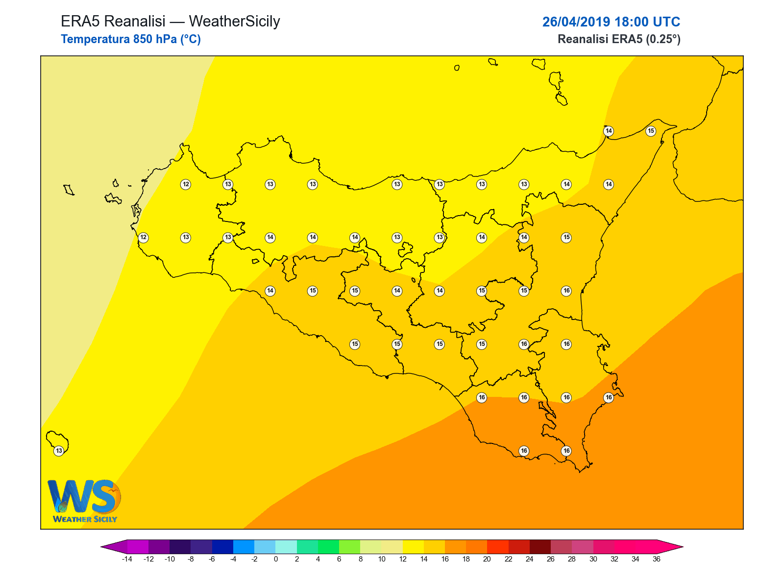 Temperatura a 850 hPa · 2019042618