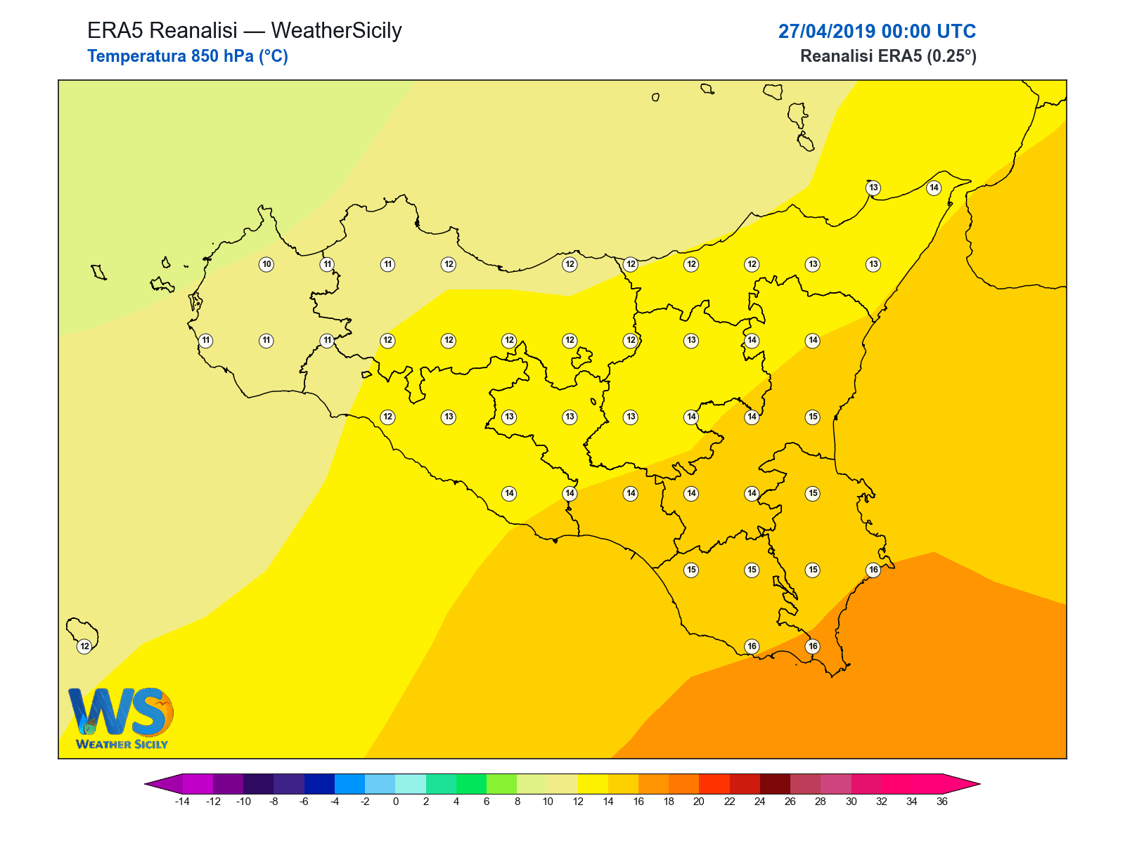 Temperatura a 850 hPa · 2019042700